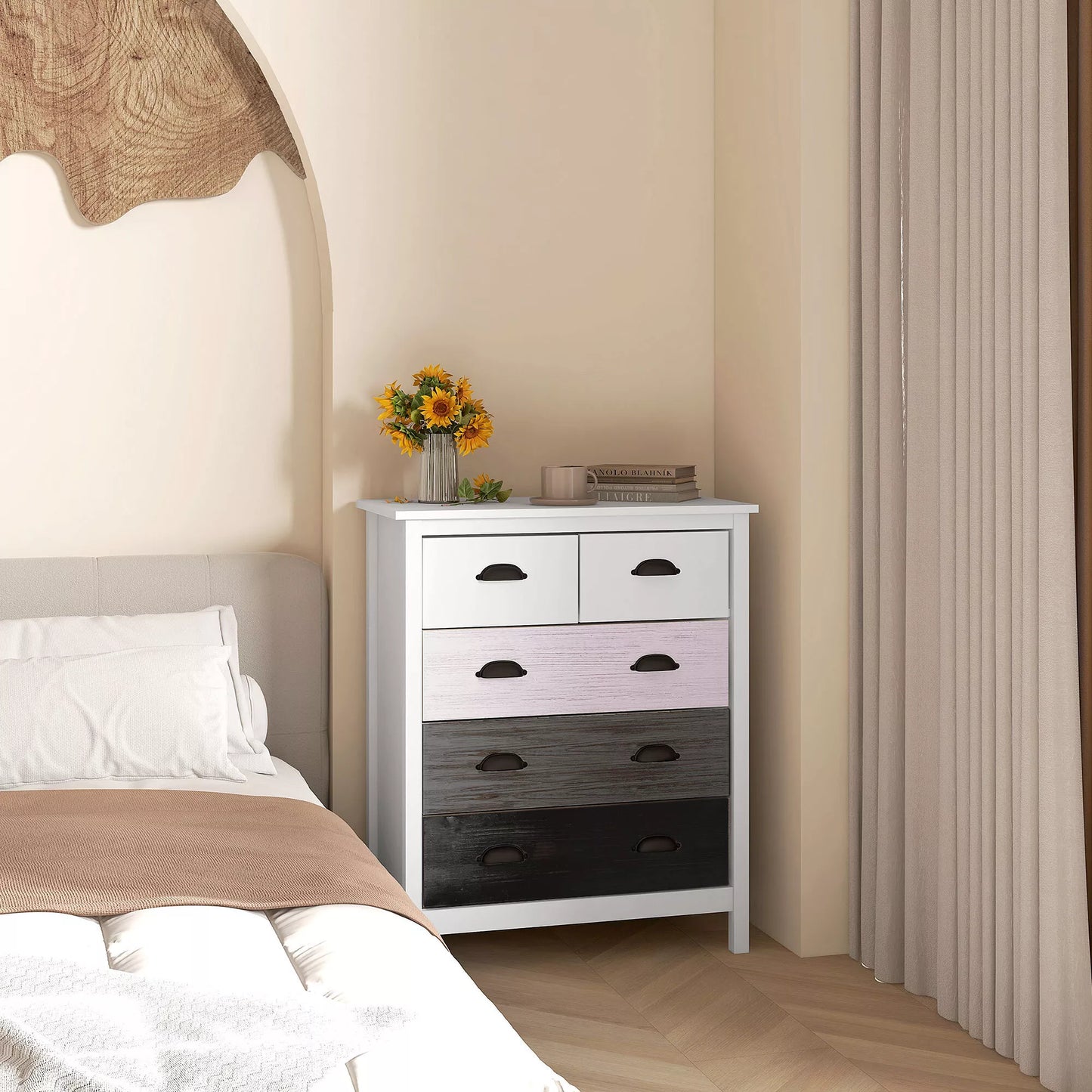 Indauja, komoda, 5 stalčiai, lakuotas paviršius, MDF ir pušies mediena, 70 x 38 x 85 cm, balta