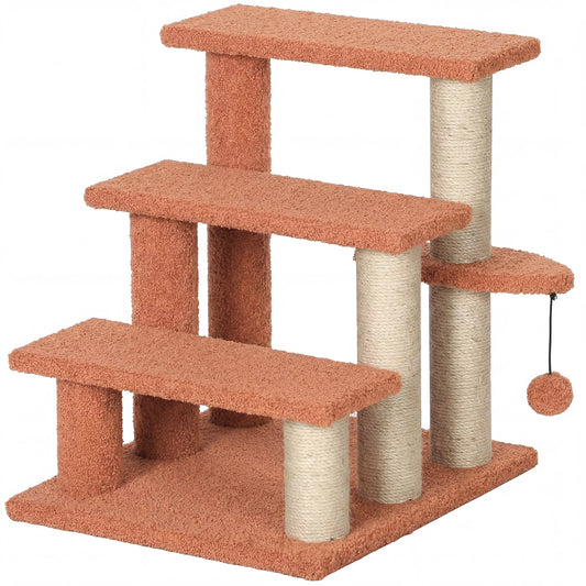 Kratzbaum, naminių gyvūnėlių laiptai, 3 pakopos, žaislinis kamuolys, iki 5 kg, 45x40x48 cm, rudi