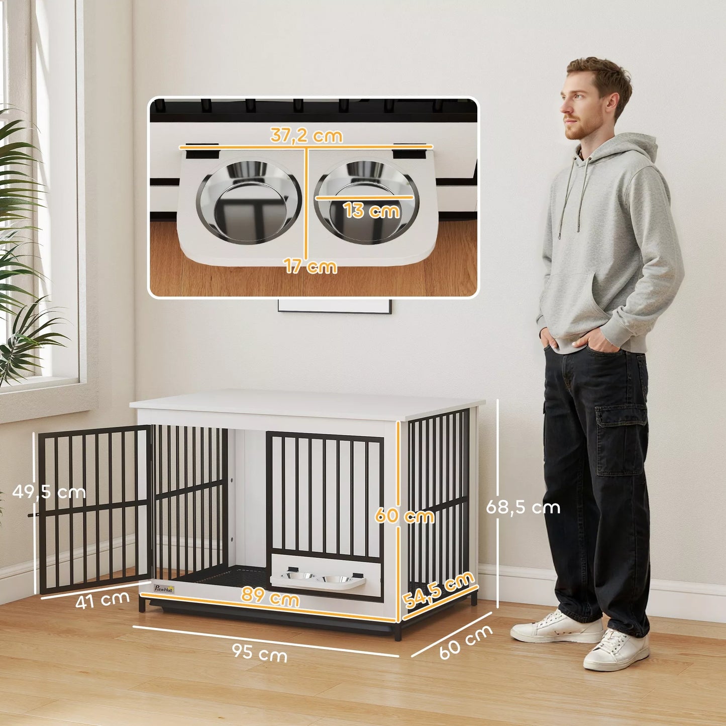 Didelė šunų transportavimo dėžė, lengva prieiga, užrakinama, su pasukamu dubenėlio laikikliu, skirta mažoms ir didelėms šunims, balta