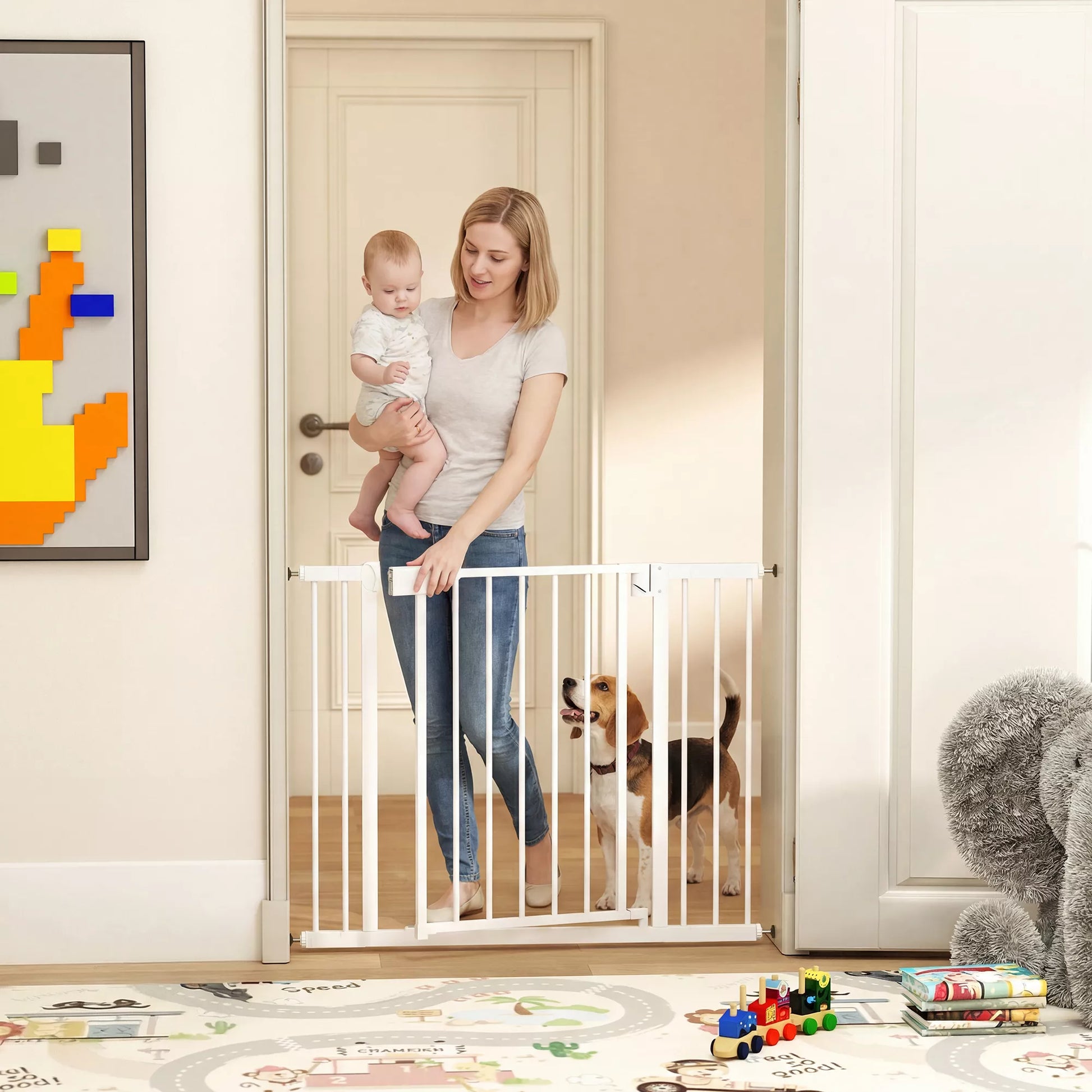 Apsauginiai varteliai, užtvaras be gręžimo su automatiniu užsidarymu, plienas ir plastikas, 76-103x76 cm, balta