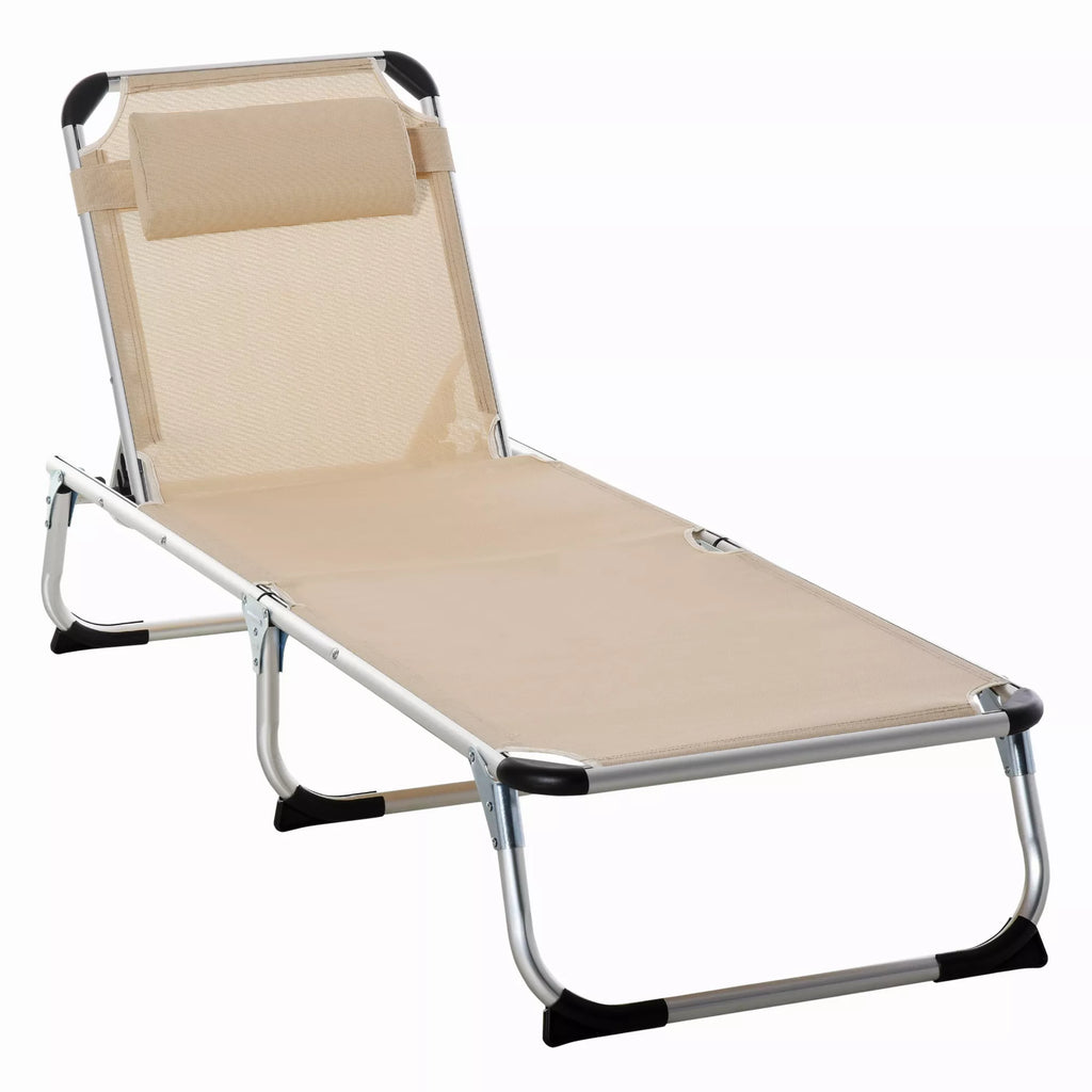 Sulankstomas gultas su pagalve, ergonomiškas gultas su 4 pakopų reguliuojamu atlošu, aliuminis, atlaiko iki 120 kg svorį, skirtas sodui, terasai, baseinui, paplūdimiui, smėlio spalvos.