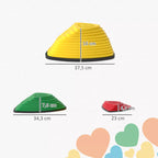 Infografika su daugiaspalvių balansavimo akmenų matmenimis: 37,5 cm, 34,3 cm, 23 cm ir 7,8 cm aukštis