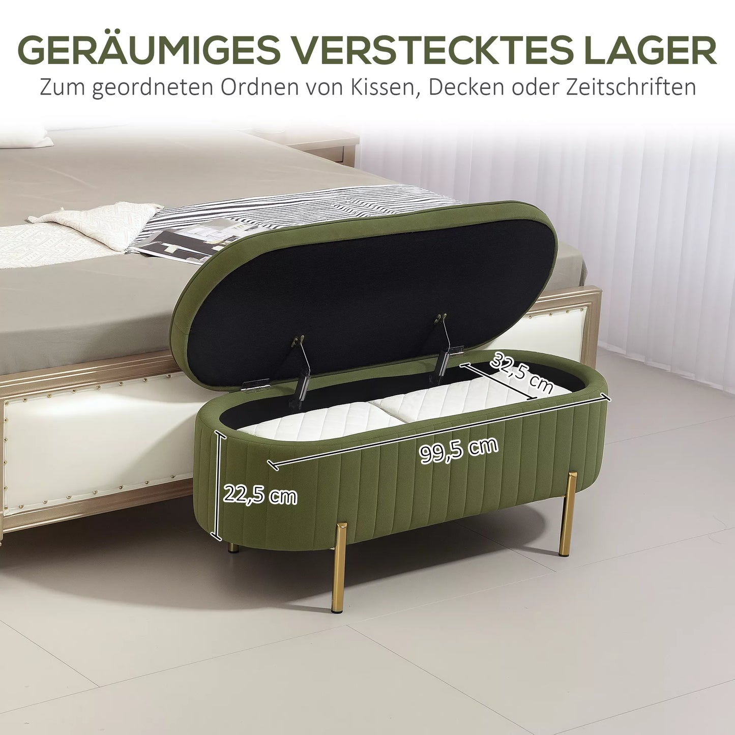 Suolas su atverčiamu dangčiu ir daiktadėže, audinio apmušalas, mediena, metalas, tamsiai žalia + aukso spalvos