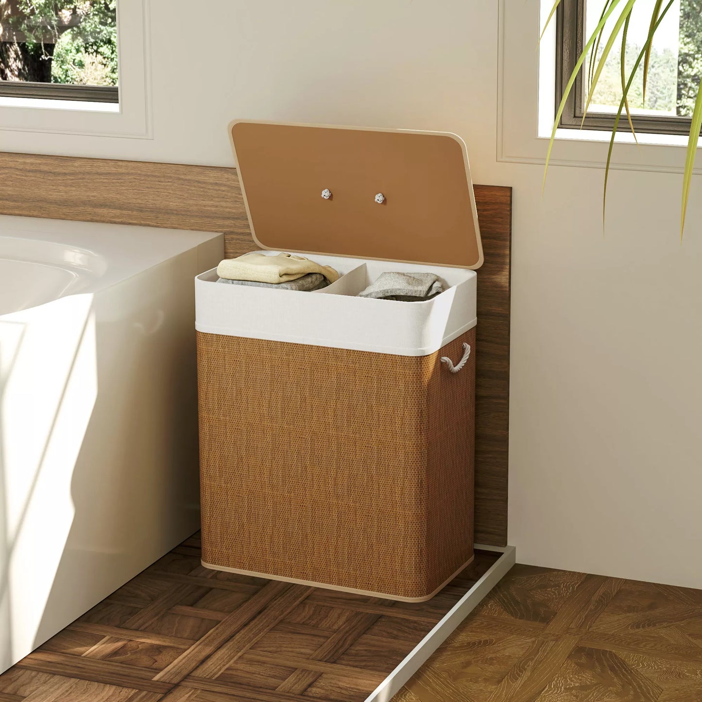 Bambukinė skalbinių dėžė su dangčiu, 2 skyrių, 100 L talpos skalbinių surinktuvas su virvinėmis rankenomis, išimamas skalbinių maišas