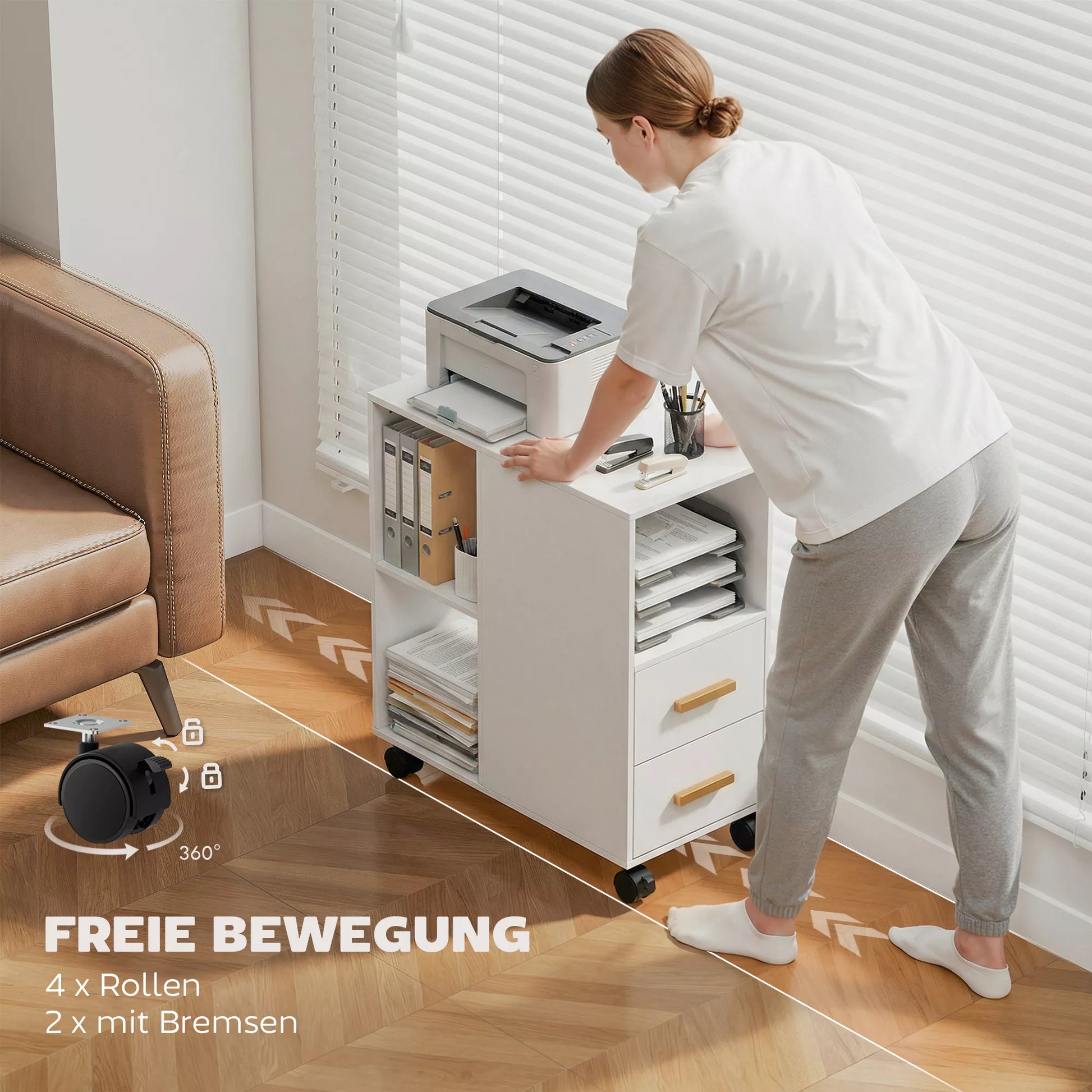 Spausdintuvo staliukas su reguliuojama lentyna, biuro stovas ant ratukų faksui ir skeneriui, mdf ir metalas, 60x30x65 cm, balta