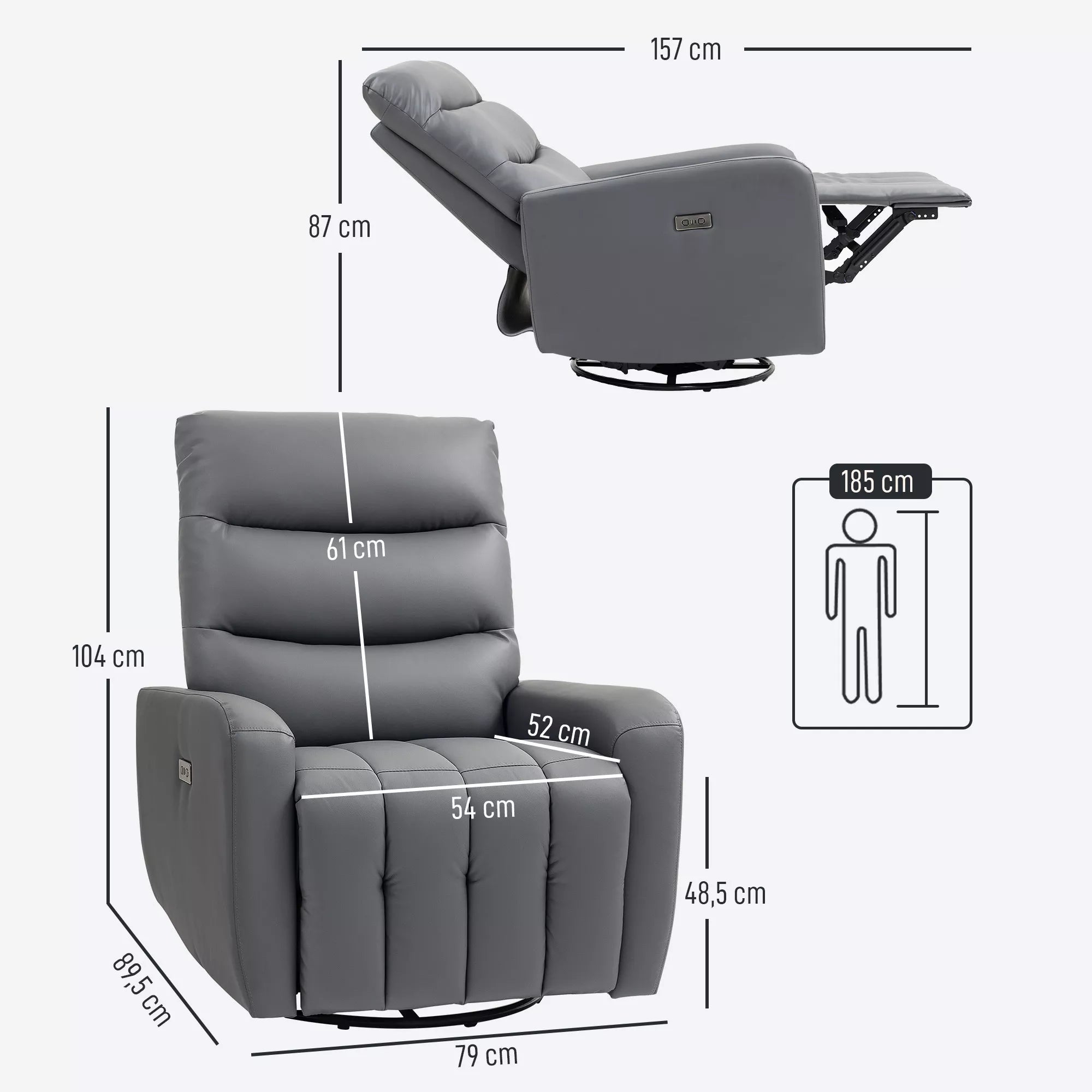 Poilsio krėslas, minkštas krėslas su gulėjimo funkcija, nuotolinio valdymo pultelis, USB jungtis, pilkas