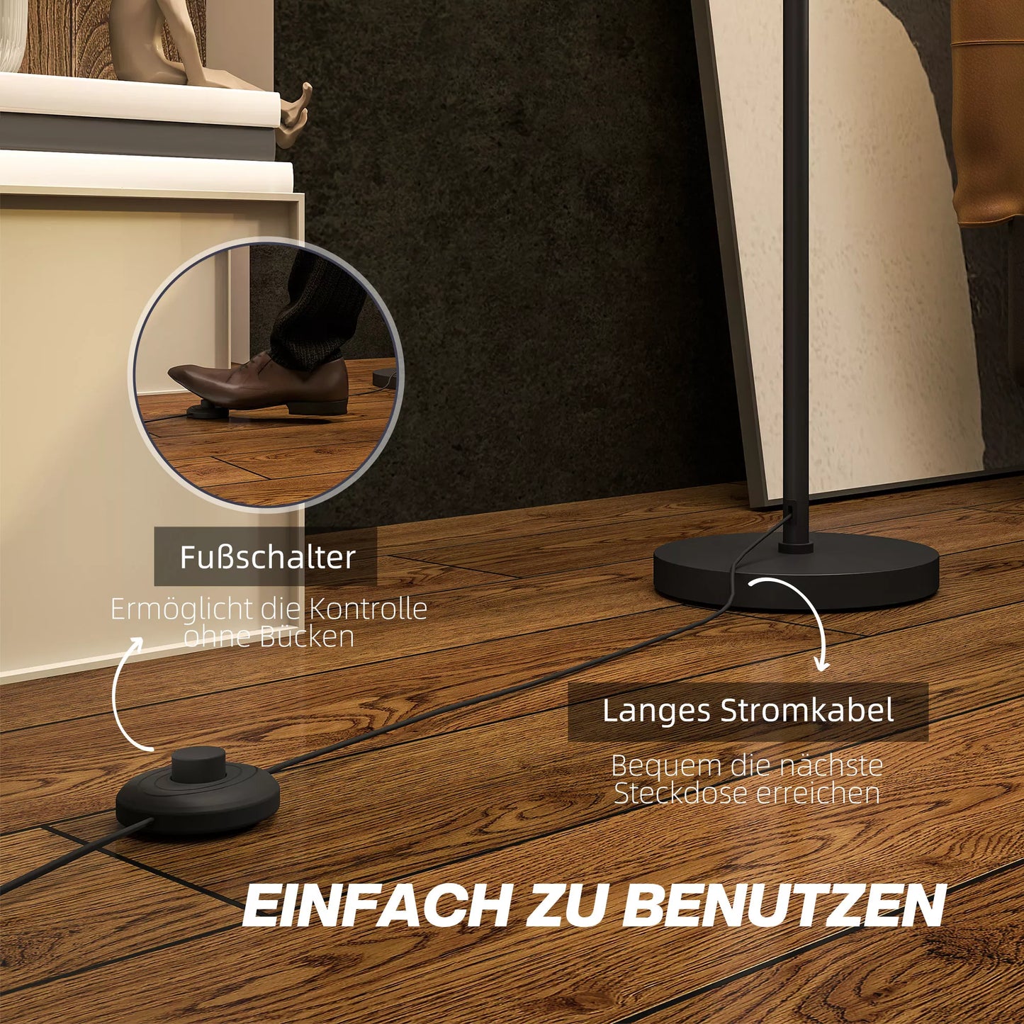 Stovinti lempa, dviejų spalvų gaubtas, kojinis jungiklis, metalas, juoda