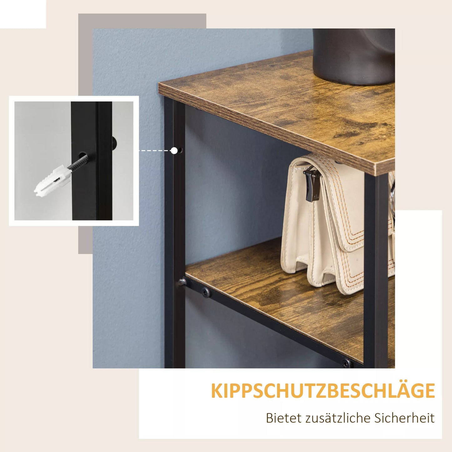 Komoda su šešiomis stalčiais, atviros lentynos, MDF ir plienas, 84x30x92 cm, ruda/juoda, reguliuojamos kojelės