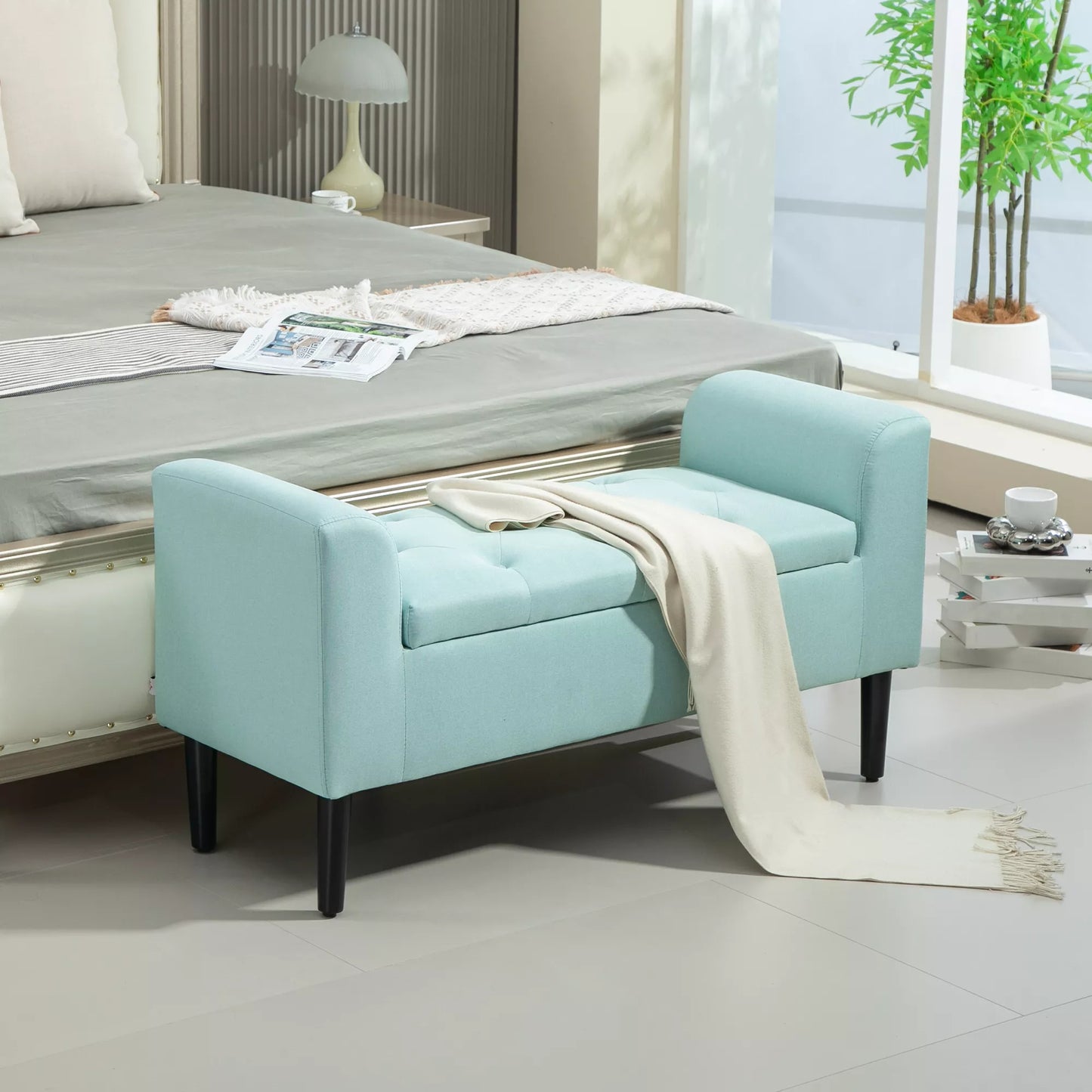 Suoliukas su daiktadėže, minkštas suoliukas, atlaiko iki 130 kg, lininio audinio išvaizda, kaučiukmedžio mediena, 116 x 44 x 58 cm, žalias