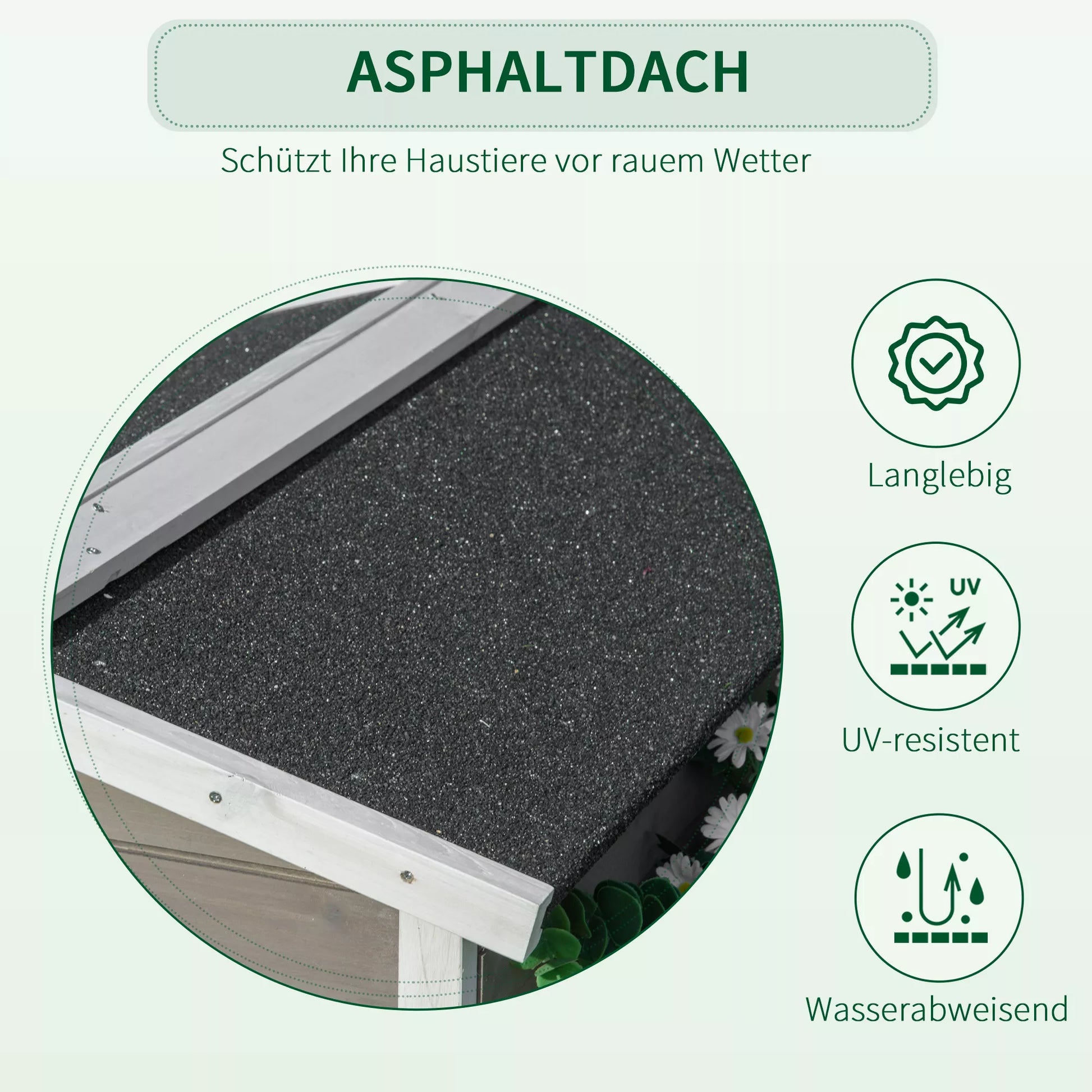 Medinis kačių namelis, atsparus žiemai, vandeniui, su asfaltiniu stogu, terasa, kačių urvas, kačių dėžė, lauko prieglobstis, sodas, balkonas, 115 x 66,5 x 74,7 cm, pilkos ir baltos spalvos.