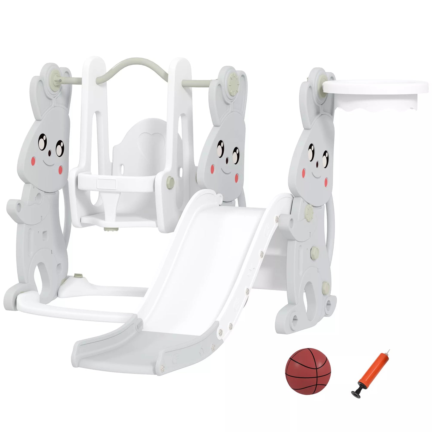 4-in-1 žaidimų rinkinys mažyliams, čiuožykla, supynės, laipiojimo aikštelė, krepšinio lankas, plastikas, triušio dizainas, pilkas