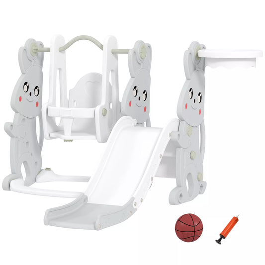 4-in-1 žaidimų rinkinys mažyliams, čiuožykla, supynės, laipiojimo aikštelė, krepšinio lankas, plastikas, triušio dizainas, pilkas