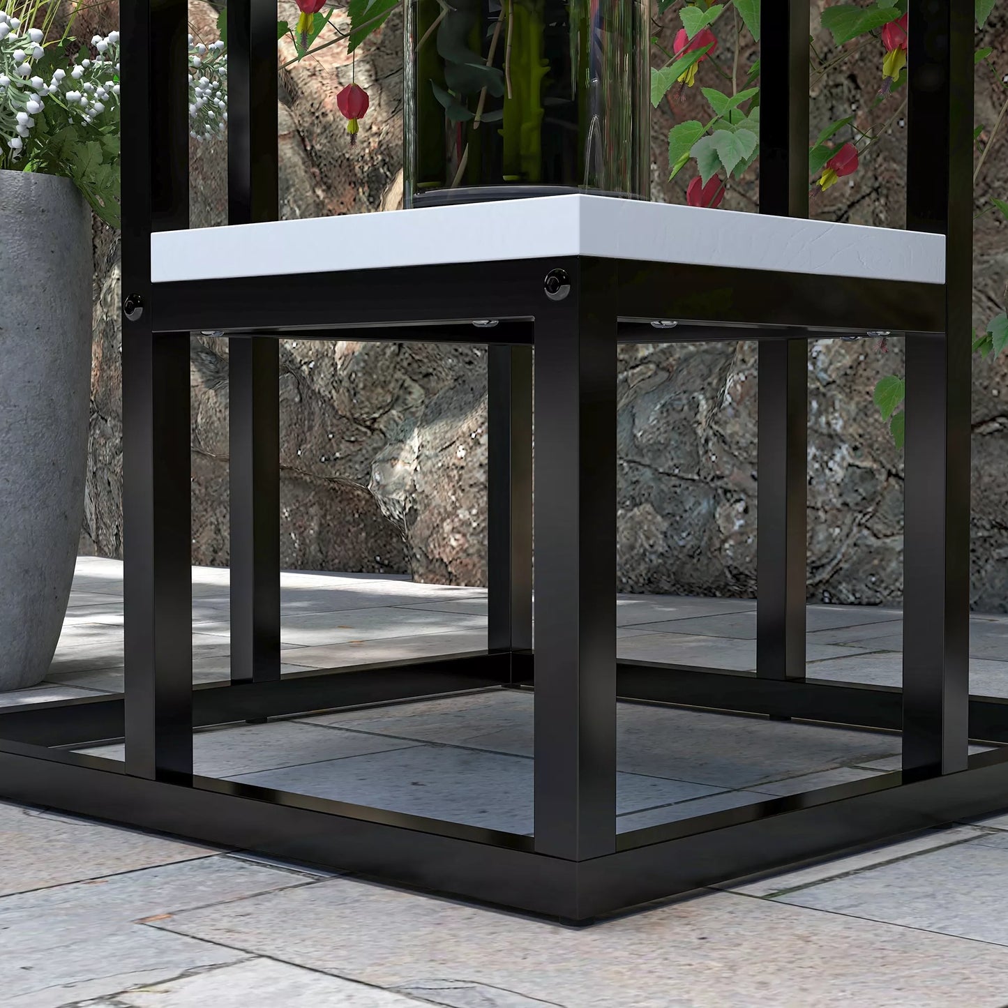 Gėlių lentyna, 4 pakopos, vidaus ir lauko sąlygoms, metalinis rėmas, 34 ilgis x 34 plotis x 70 aukštis cm, juoda+balta