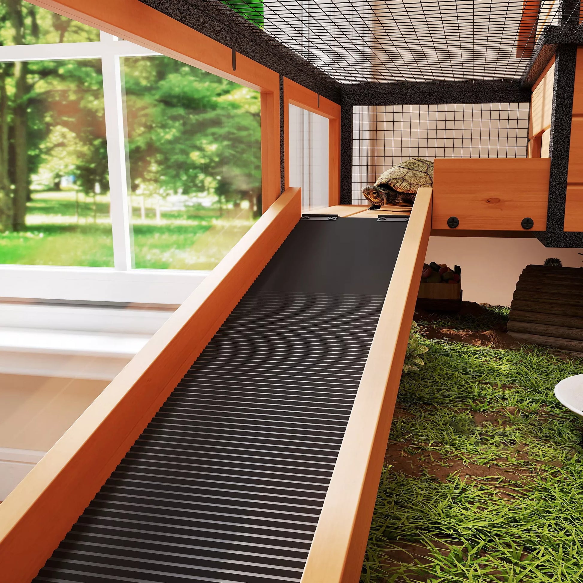 Vėžlių namelis, smulkių gyvūnų aptvaras, 2 kambariai, 2 aukštai, langai, rampos, priedai, mediena, plienas, geltona spalva