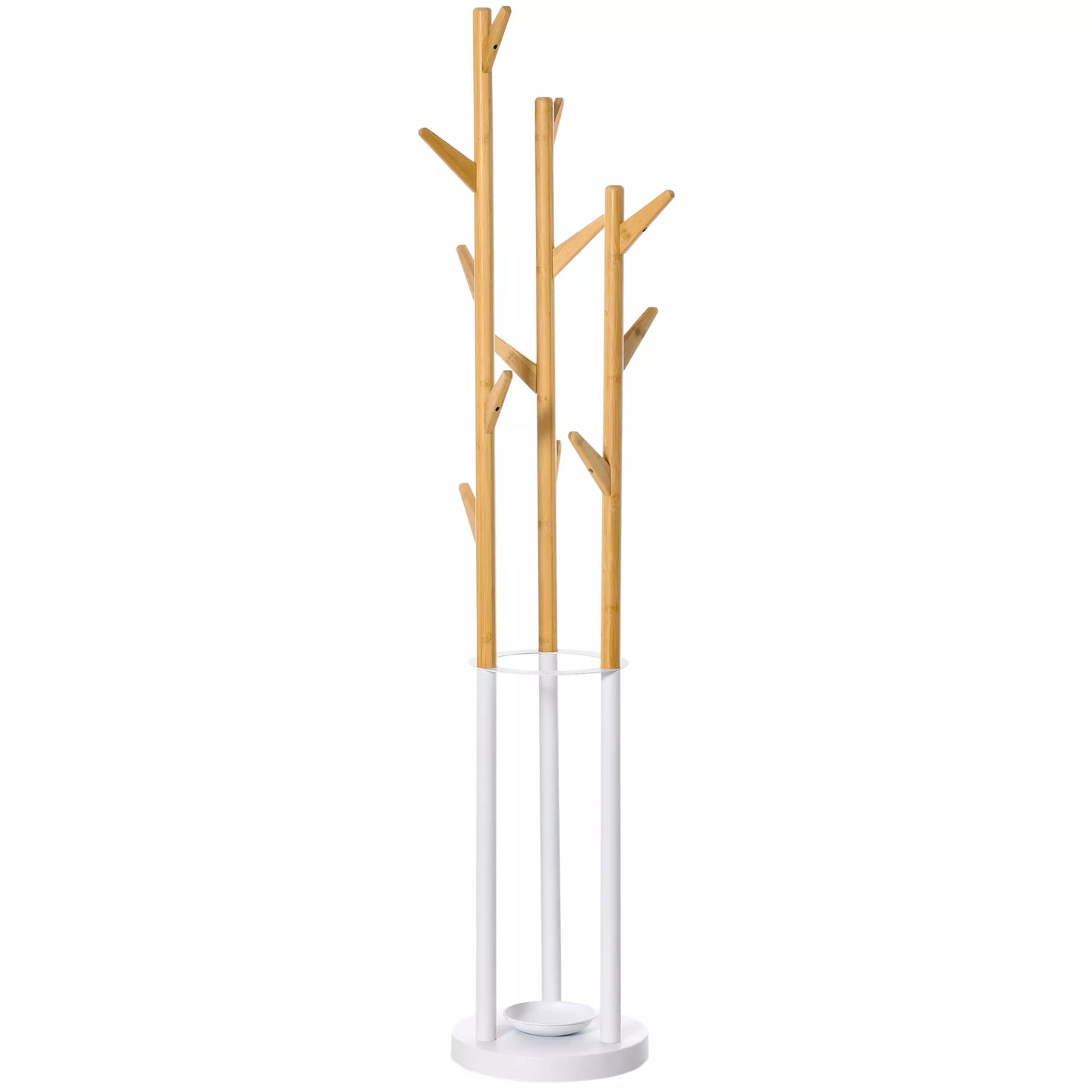 Drabužių kabykla, stovas su 12 kabliukų ir skėčių laikikliu, medžio formos drabužinė, modernus stovo laikiklis drabužiams, skrybėlei, rankinei, skirtas svetainei, miegamajam, bambukas, natūrali spalva+balta