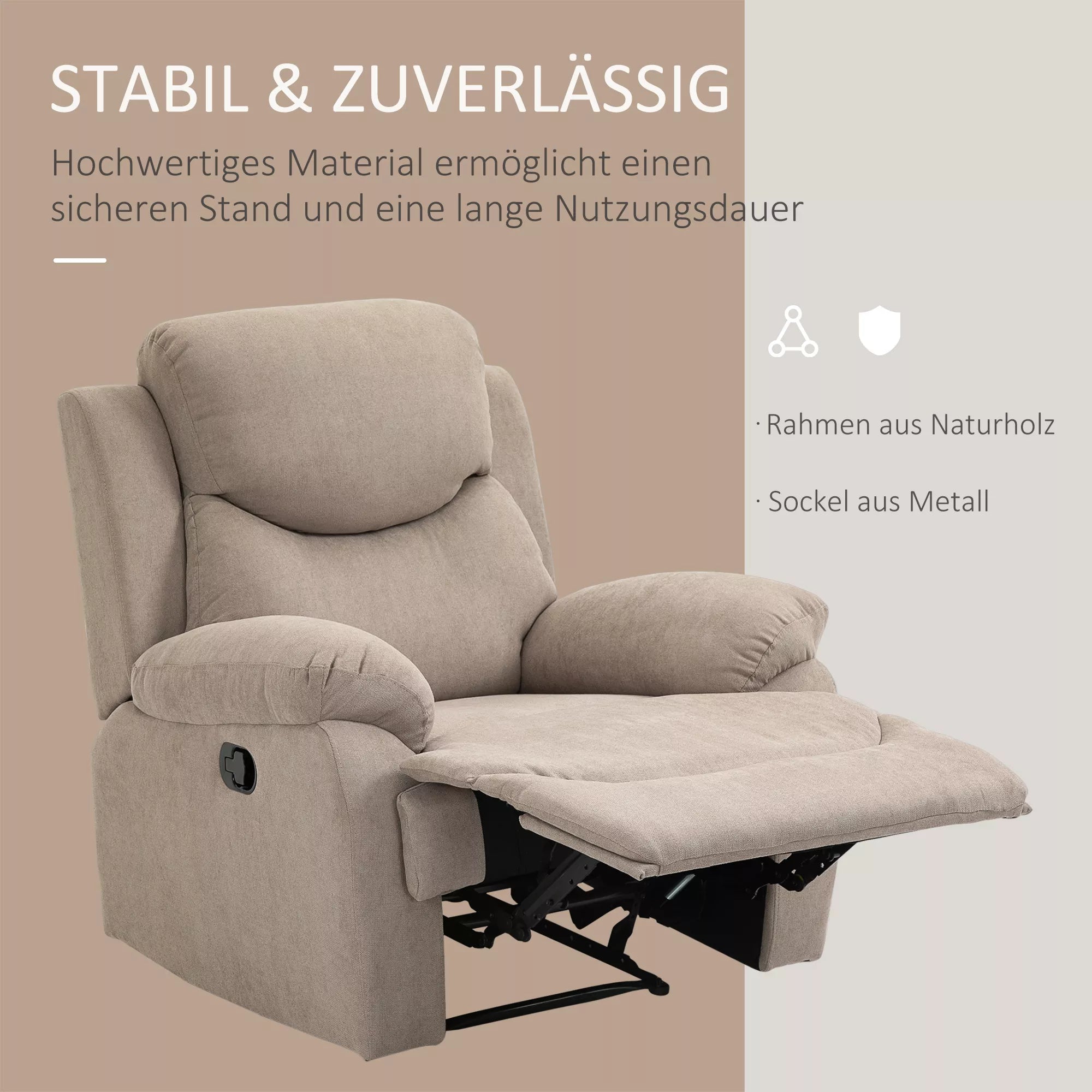 Atlošiamas krėslas, vienvietė sofa, gultas, 150° atlenkiamas televizoriaus krėslas, atlošiamas fotelis su miego funkcija svetainei, linas, smėlio spalvos, 93 x 88 x 102 cm