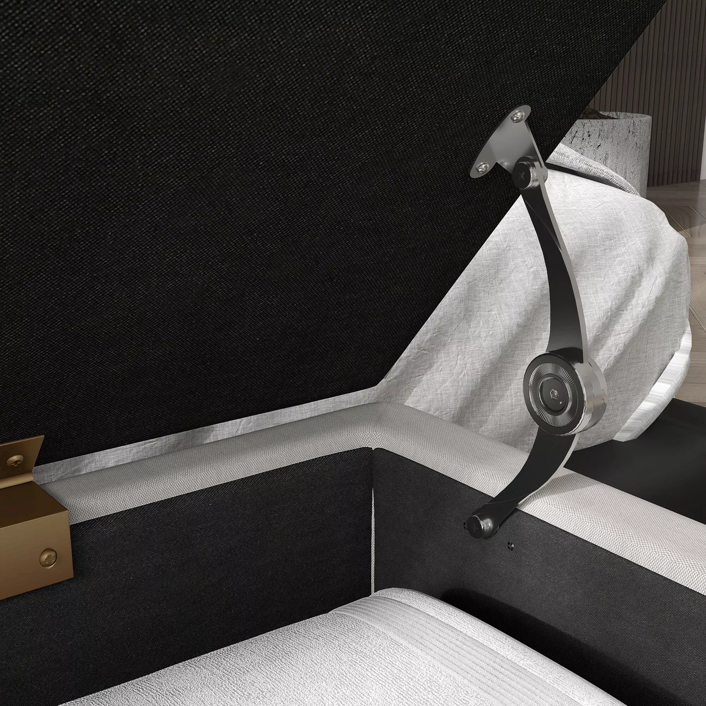 Lovos suoliukas su daiktadėže, stori paminkštinimai, kvėpuojantis audinys, plieninės kojelės, 100x40x49 cm, kreminės spalvos