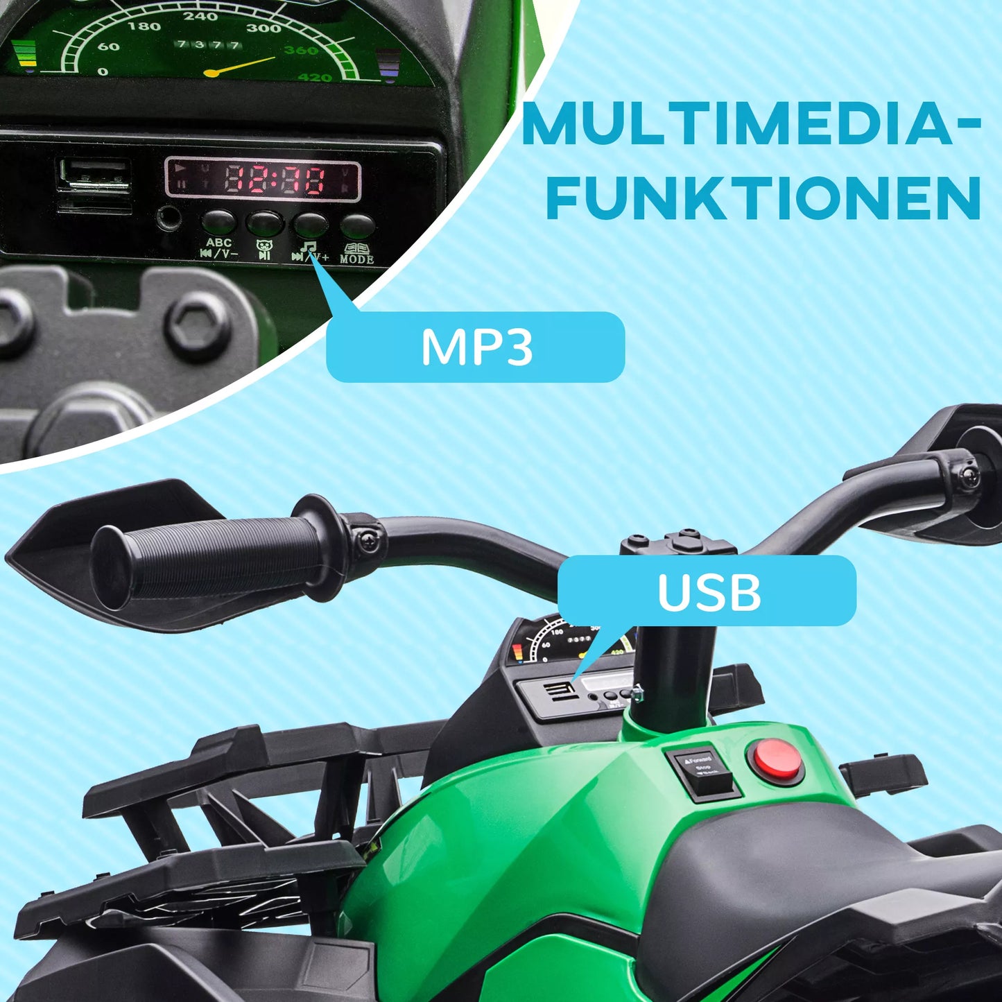 Elektrinis keturratis vaikams, su šviesos ir muzikos jungtimis, 3-8 km/h, 3-5 metų amžiaus, žalias