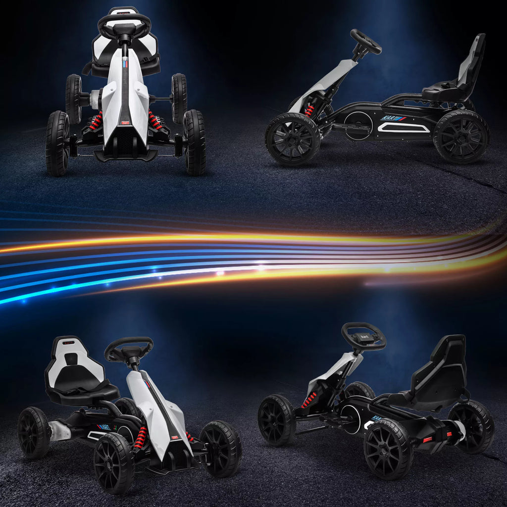 Go-Kart vaikams, elektrinis kartas, iki 5 km/h, saugos diržas, sėdynė su atlošu, plastikas, metalas, balta spalva