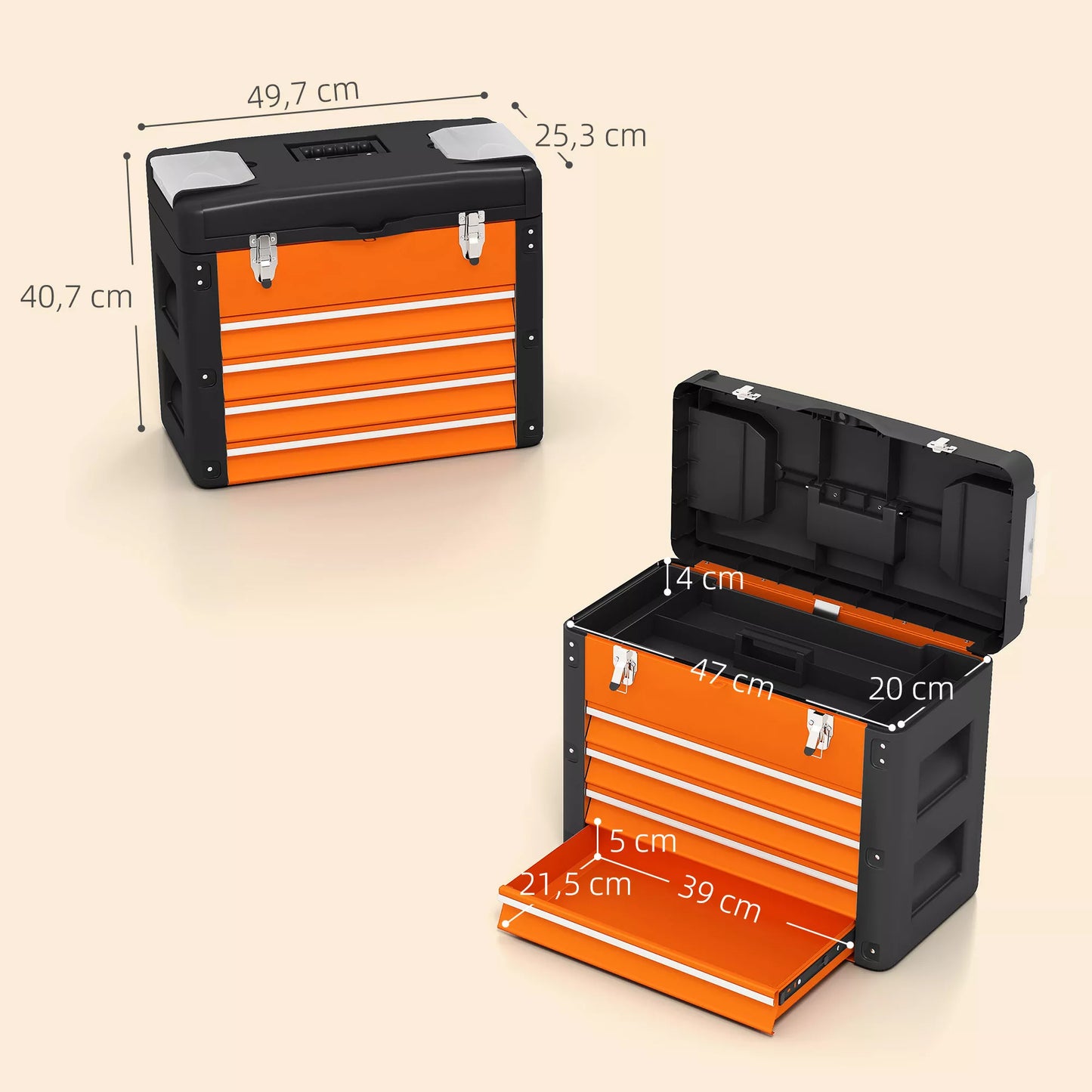 Tuščia įrankių dėžė su 4 stalčiais, 49,7 x 25,3 x 40,7 cm, mini dėžė, plieninė, oranžinė