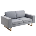Šviesiai pilka dvivietė sofa su medinėmis kojelėmis