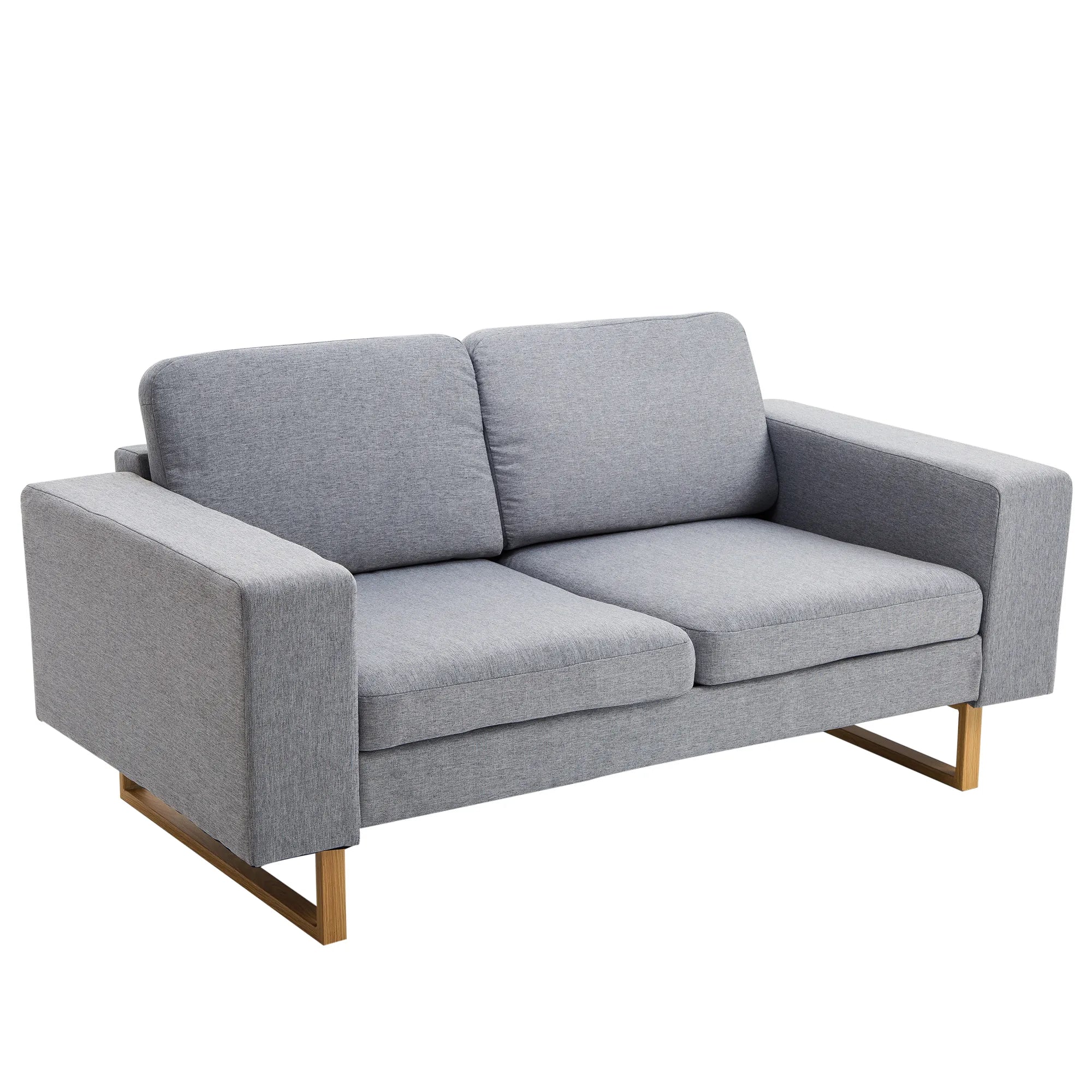 Šviesiai pilka dvivietė sofa su medinėmis kojelėmis