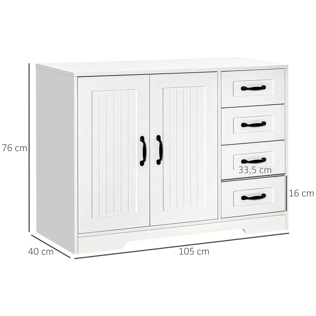 HOMCOM Indauja / Komoda, modernaus stiliaus, 4 stalčiai, 1 spintelė, 105 cm x 40 cm x 76 cm, balta