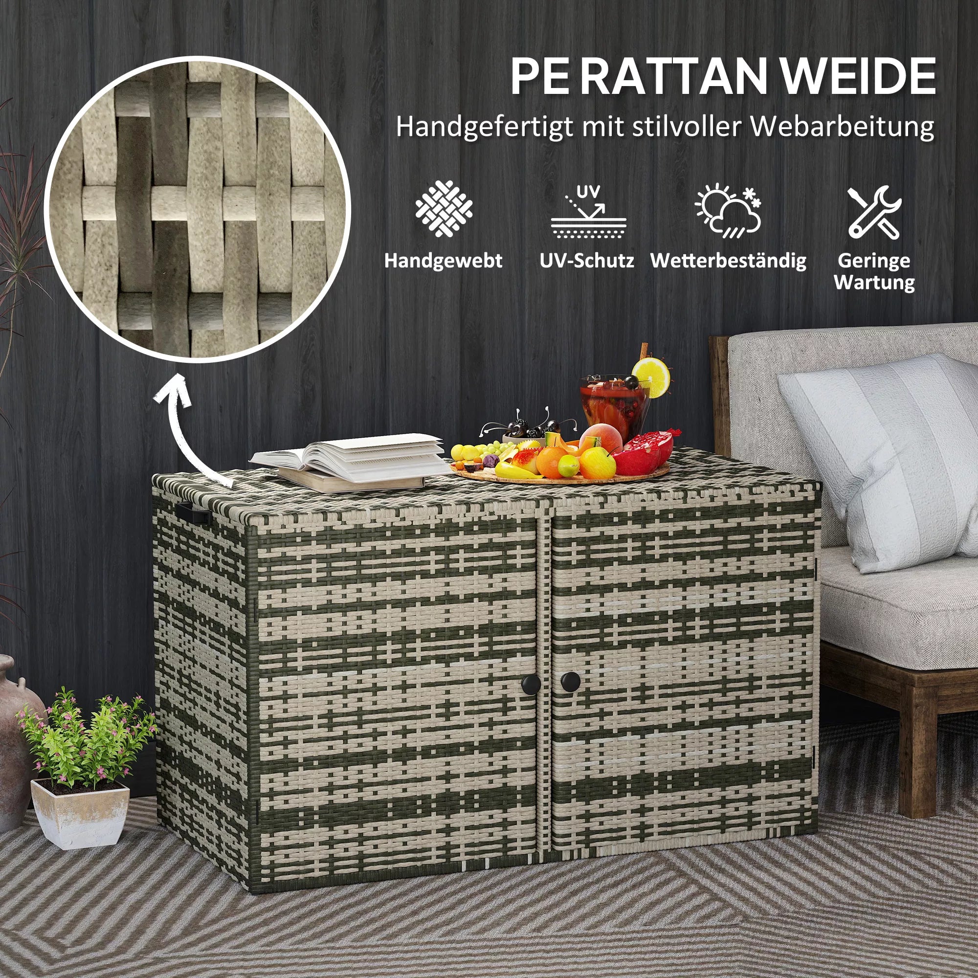 Rattan laikymo dėžė 350L 2-lygių pagalvėlių dėžė su dangčiu, kėlimo rankenomis, nešimo rankenomis 118 x 57 x 69 cm mišrios pilkos spalvos