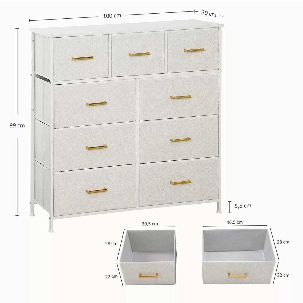 Medinė komoda, 9 stalčiai, plieninis rėmas, elegantiška, universali, balta