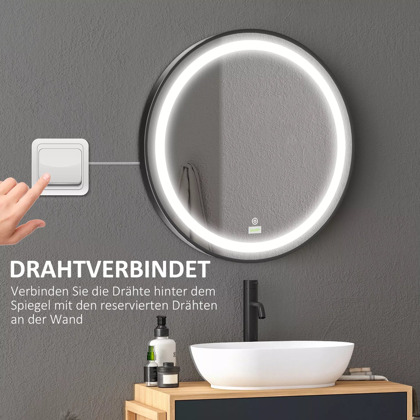 Vonios veidrodis su LED apšvietimu, pritemdomas, 3 šviesos spalvos, metalinis rėmas, Ø60 cm, juodas