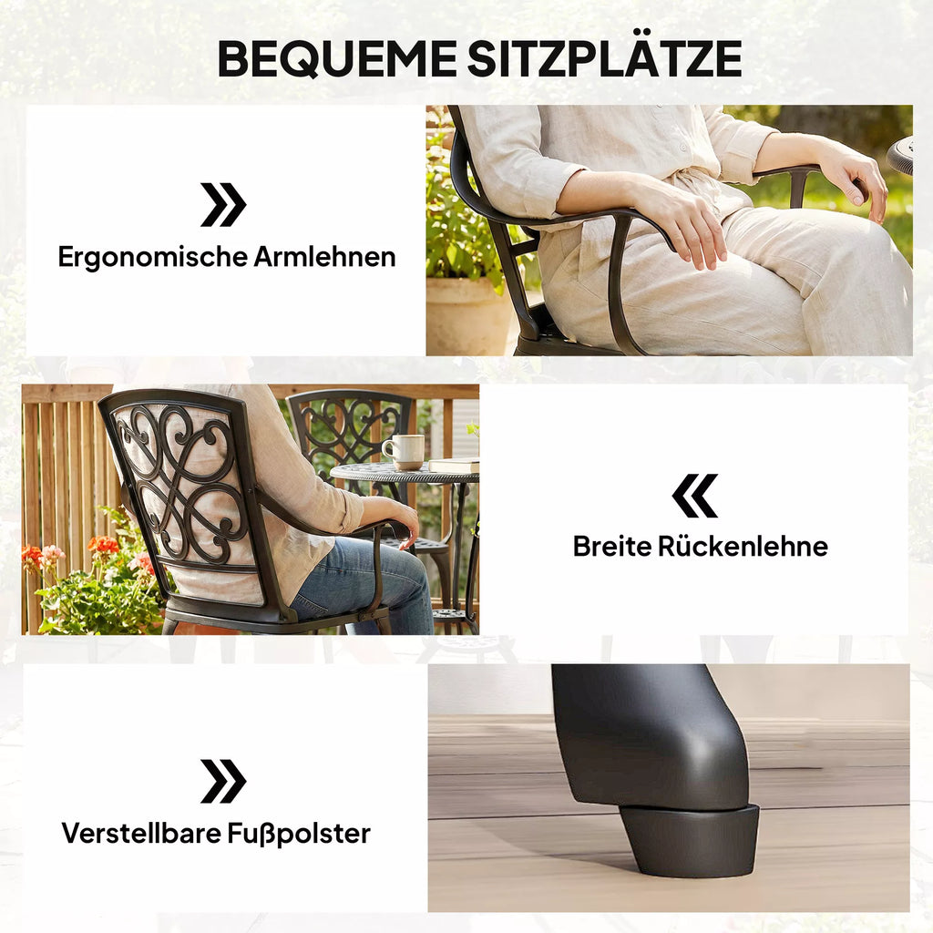 3 dalių sodo bistro komplektas: apvalus bistro stalas su 2 kėdėmis, skylė skėčiui, senovinis, pagamintas iš liejinio aliuminio
