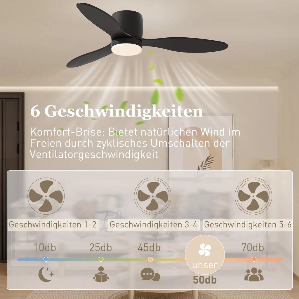 Lubinis ventiliatorius su šviestuvu, 115 cm, 6 greičiai, juodas