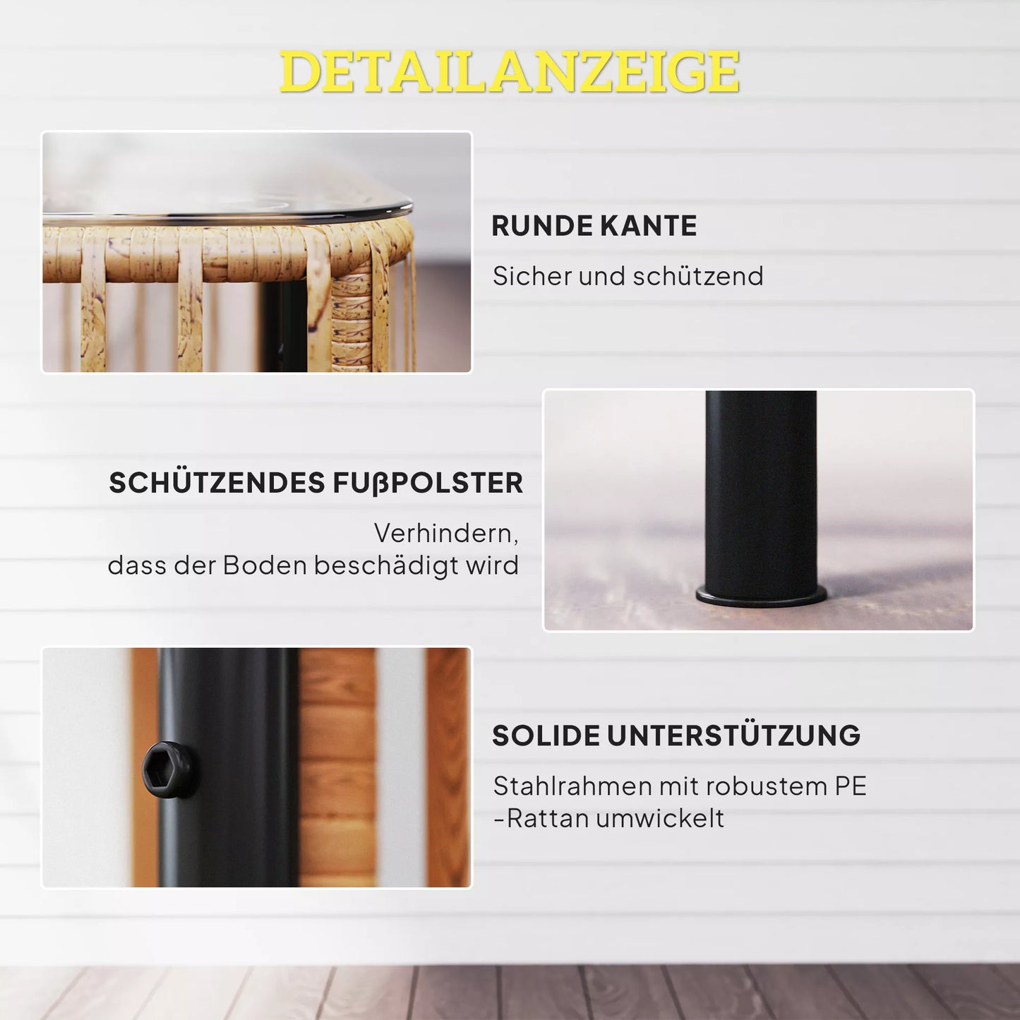 Polirataninis lauko staliukas, 65 x 65 x 43 cm, atsparus oro sąlygoms, kvadratinis pagalbinis staliukas su stikliniu stalviršiu, natūralios medienos imitacija