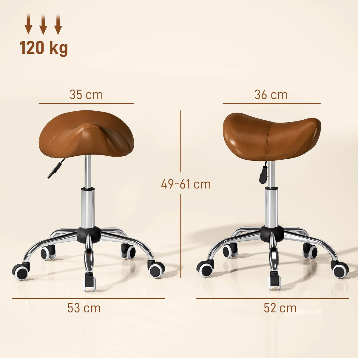Taburetė su ratukais, reguliuojamo aukščio 49–61 cm, ruda