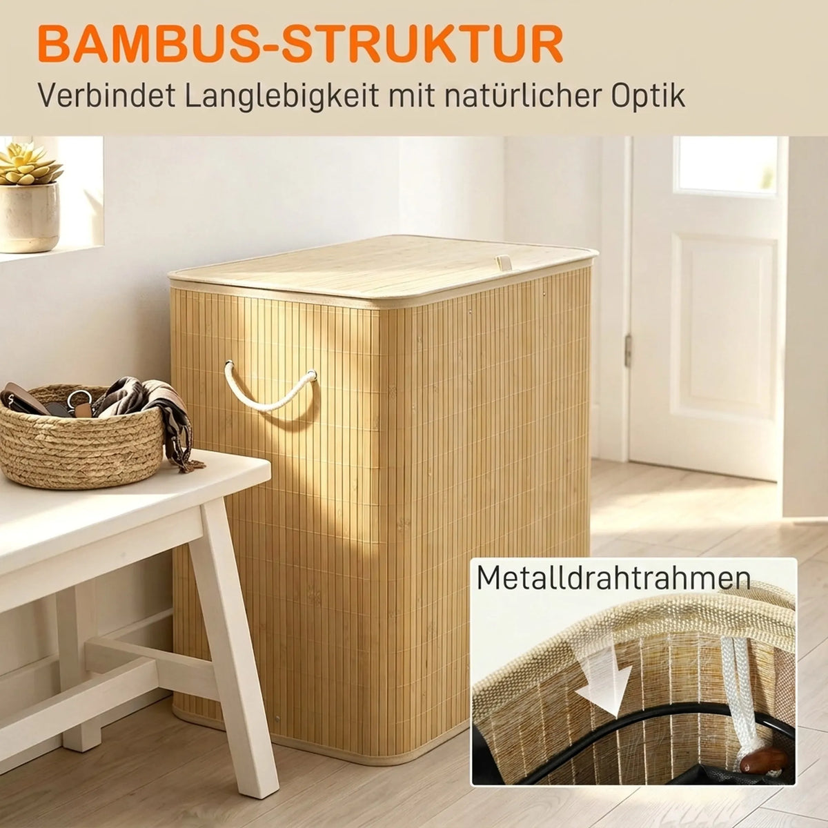 Bambukinė taros dėžė prieškambaryje, šalia metalinio rėmo detalė