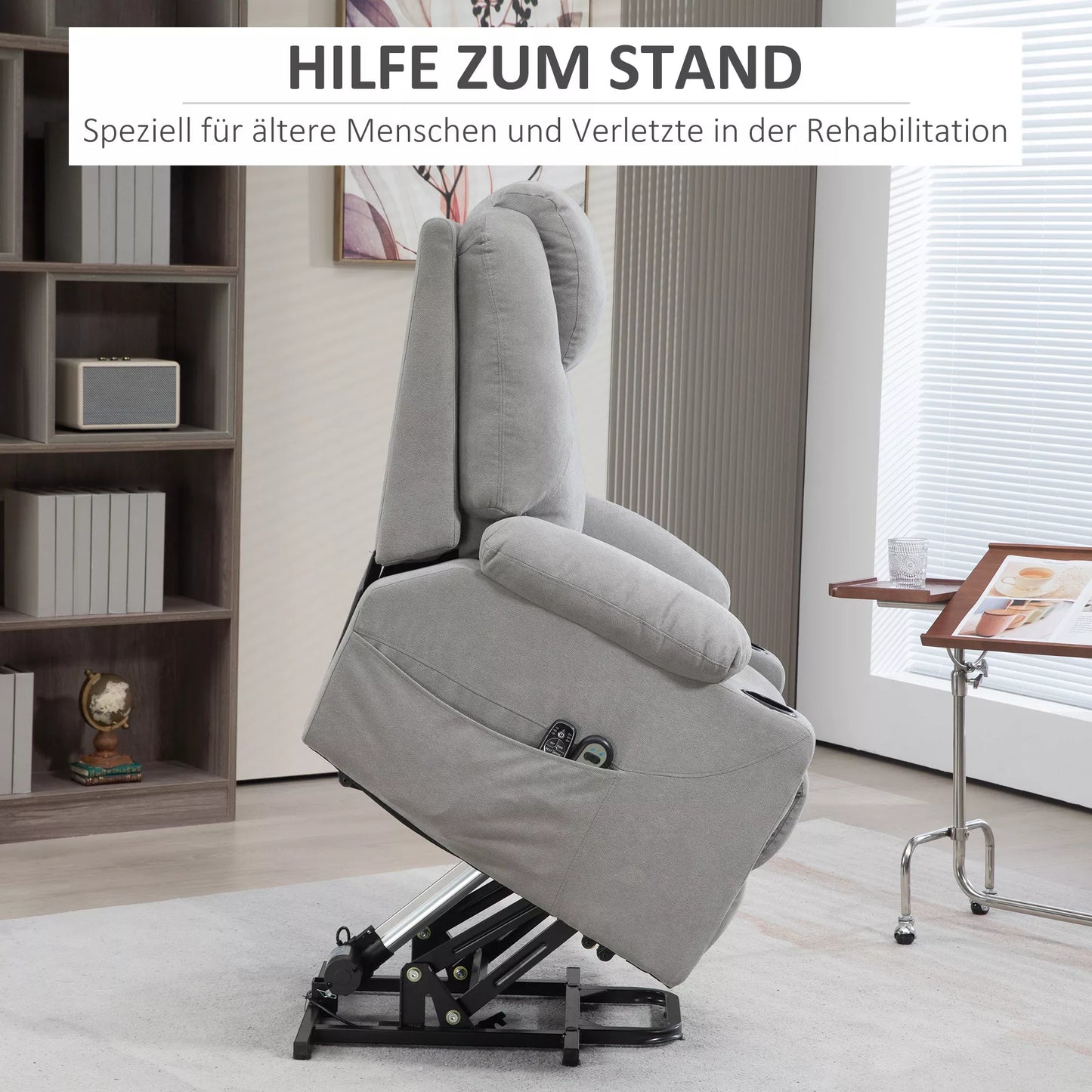 Masažinė kėdė su pagalba atsikelti senjorams, 8 vibracijos taškai, 2 šoninės kišenės, puodelio laikiklis, 90 x 101 x 107 cm, pilka