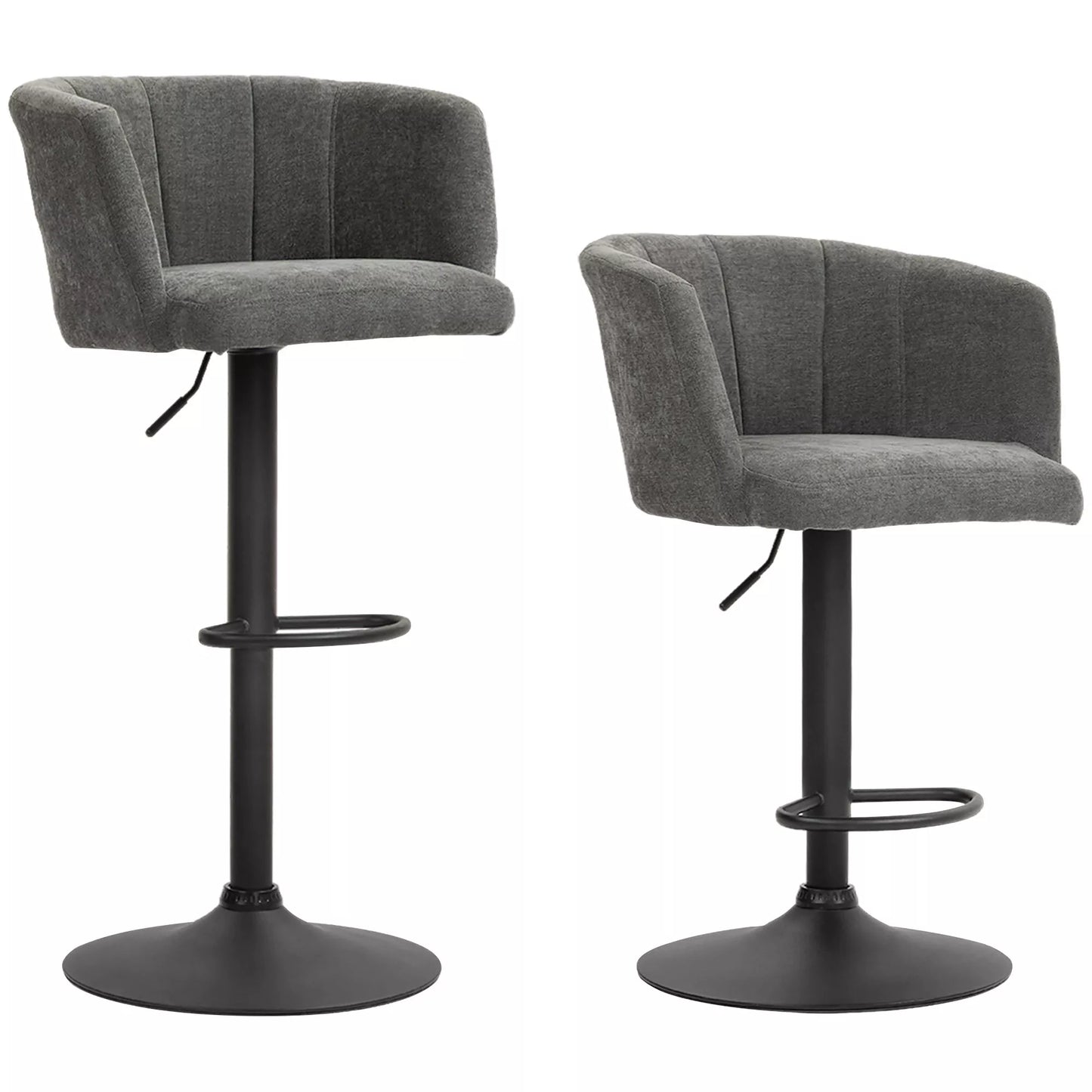 Baro kėdžių komplektas iš 2 vnt., kaušo formos atlošas, reguliuojamas aukštis, atrama kojoms, skirta virtuvei ar valgomajam, metalinis pagrindas, tamsiai pilka