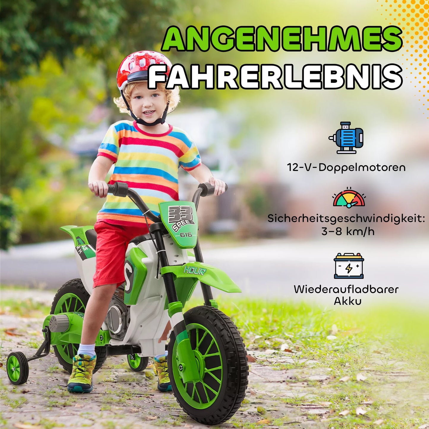 Vaikiškas elektrinis motociklas, 45 min važiavimo laikas, su atraminiais ratukais, nuo 3 metų, žalias+baltas, 106,5 x 51,5 x 68cm