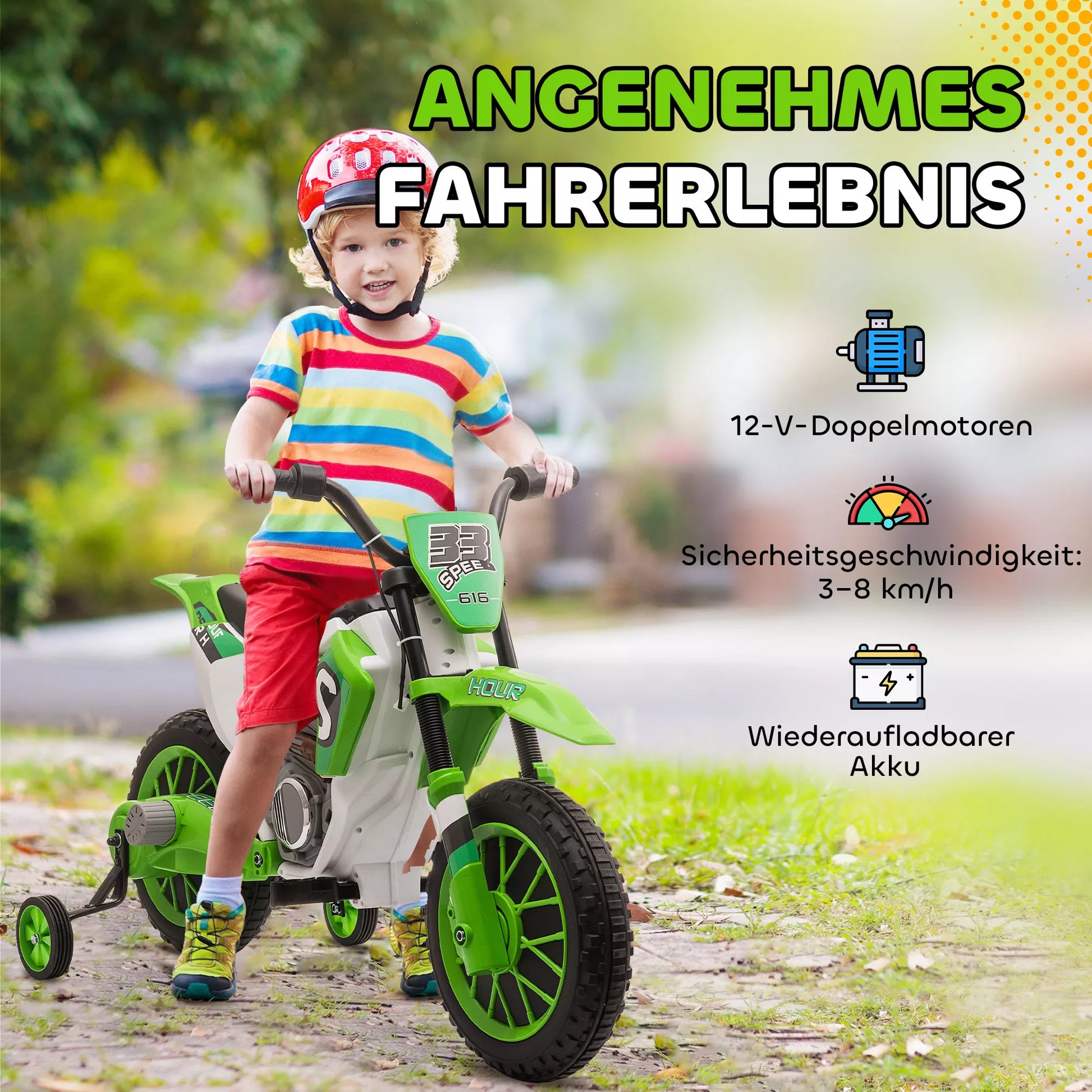 Vaikiškas elektrinis motociklas, 45 min važiavimo laikas, su atraminiais ratukais, nuo 3 metų, žalias+baltas, 106,5 x 51,5 x 68cm