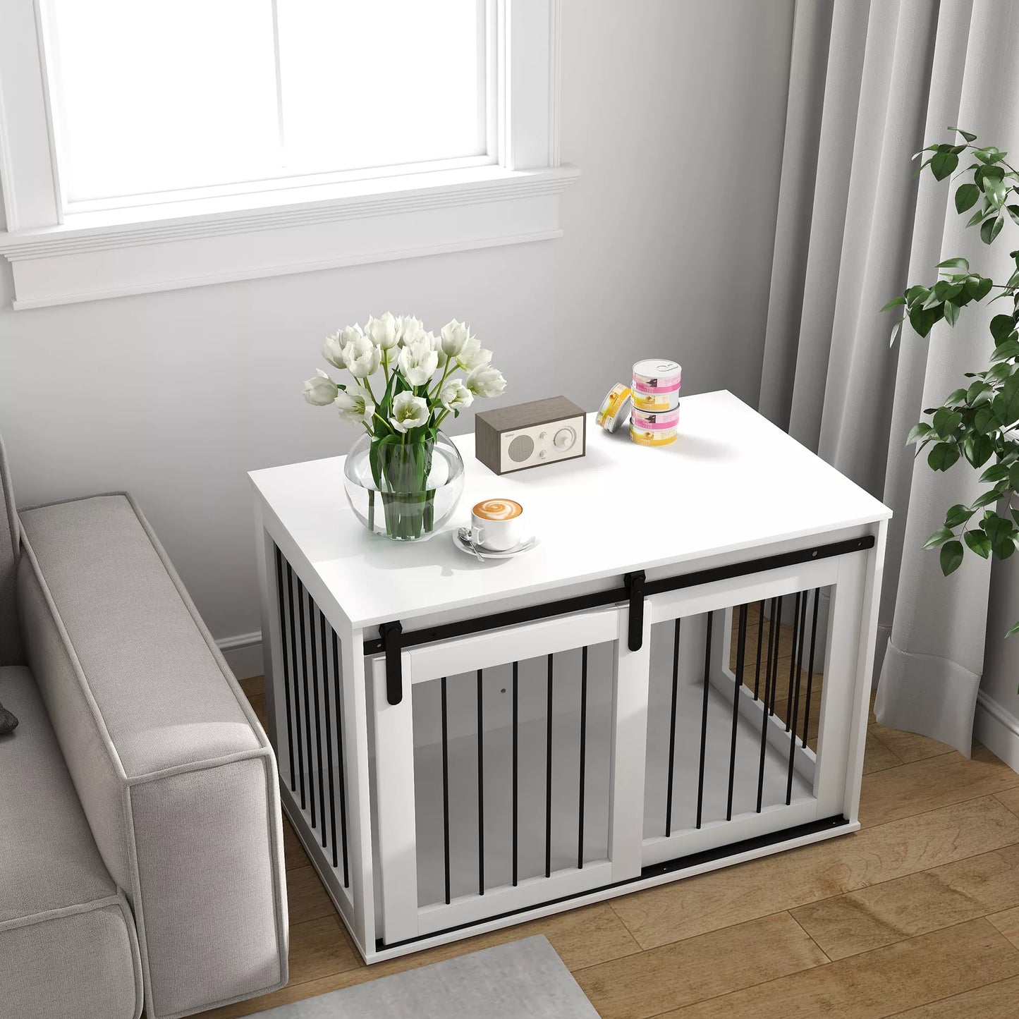 Šunų dėžė su stumdomomis durimis, ventiliacija, medžio drožlių plokštės ir plieno, 98 x 58 x 61 cm, riešuto spalvos.