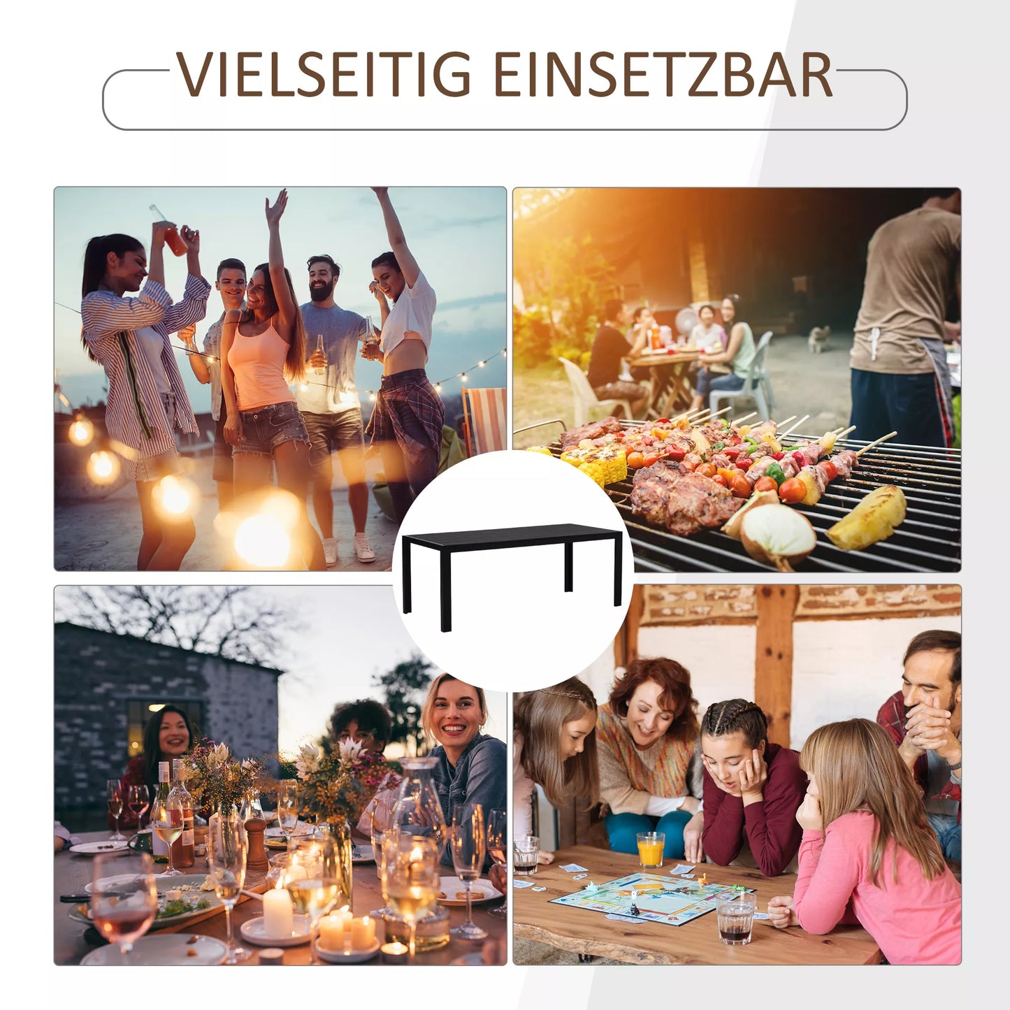 Sodo stalas plastikinis 190 x 84,5 x 72 cm Atsparus oro sąlygoms, medžio išvaizda, medžio struktūra, neslystantis serviravimo stalas, kempingo stalas, balkono stalas, terasos stalas, lauko valgomojo stalas sodui, balkonui, juodas