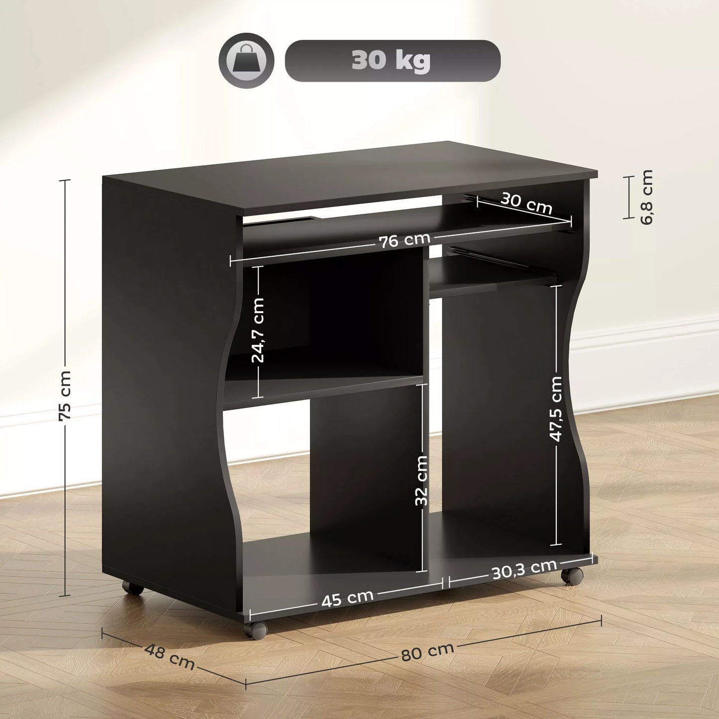 Juodas kompiuterio stalas su ratukais ir daiktadėže, 80 x 48 x 75 cm