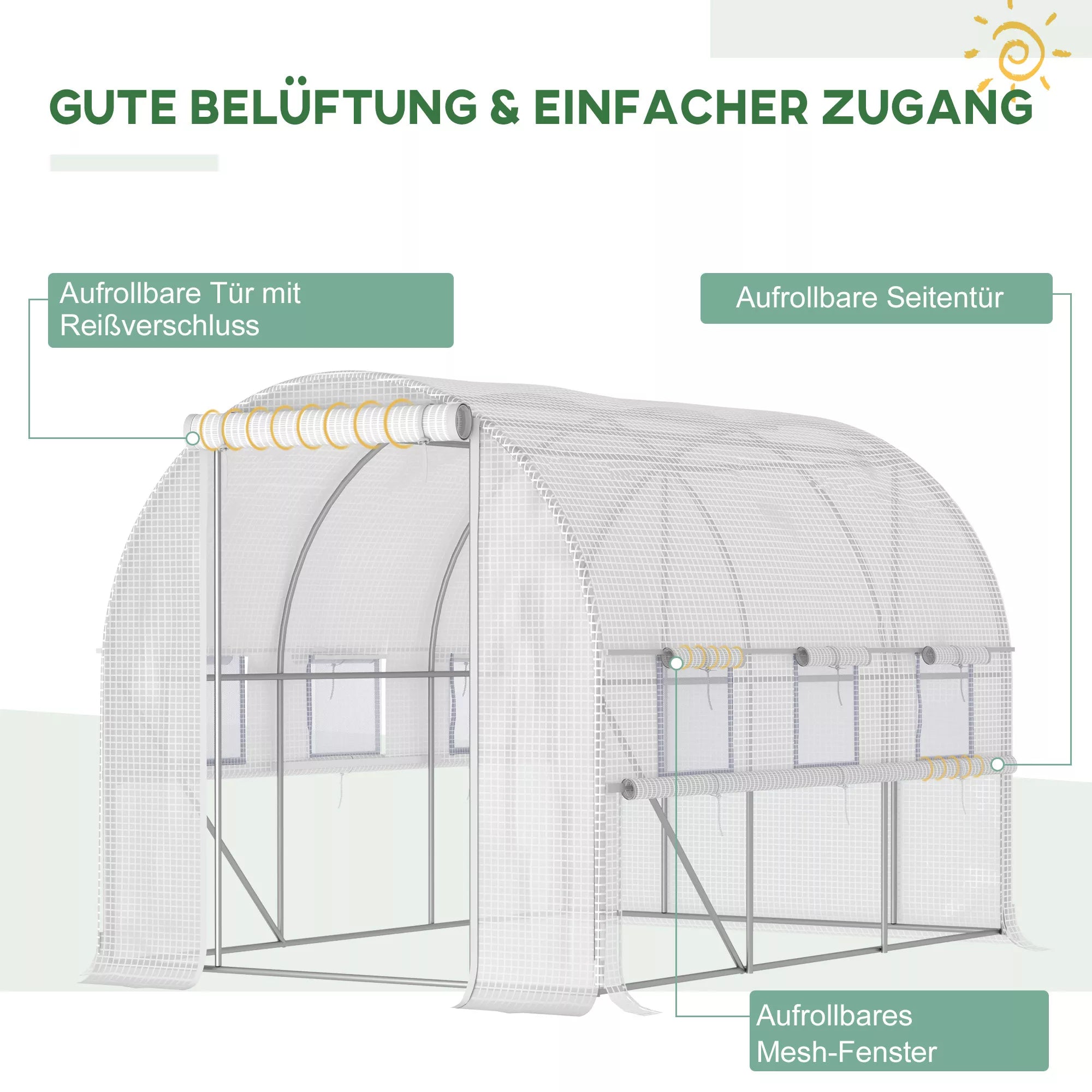 Plėvelės šiltnamis, 6 suskleidžiamieji langai, durys su užtrauktuku, nerūdijančio plieno rėmas, 2,95 x 2 x 2 m, baltas