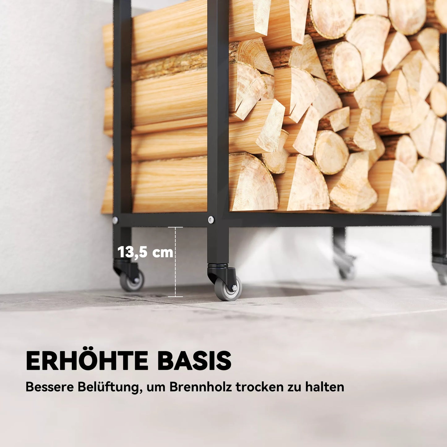 Vidinė malkinė plieninė 60 x 30 x 119cm 2 lentynų malkų laikiklis su ratuku juoda