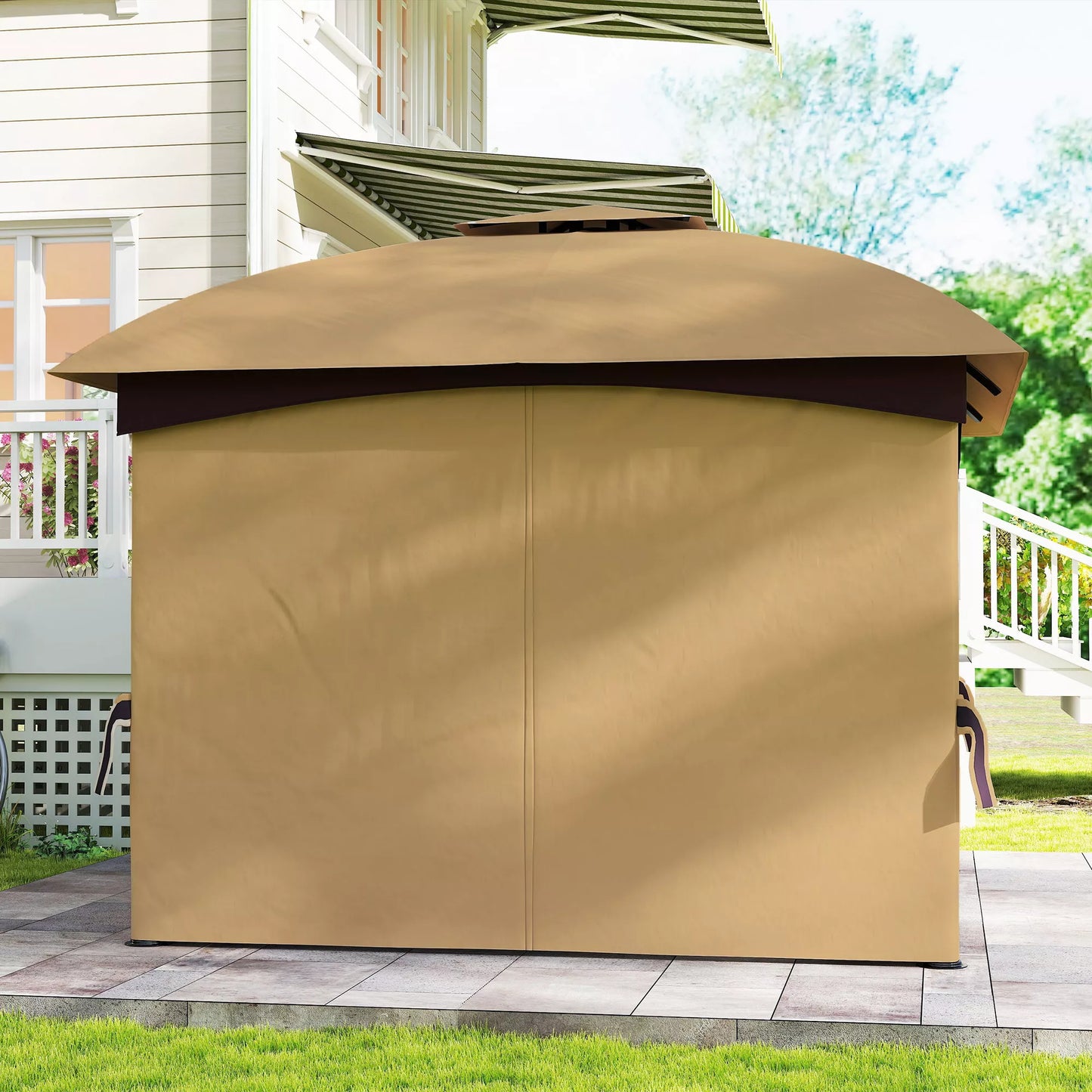 3,4 x 3,4 m Sodo pavėsinė, palapinė su ventiliuojamu stogu, arkiniais langais, plieniniu rėmu, smėlio spalvos