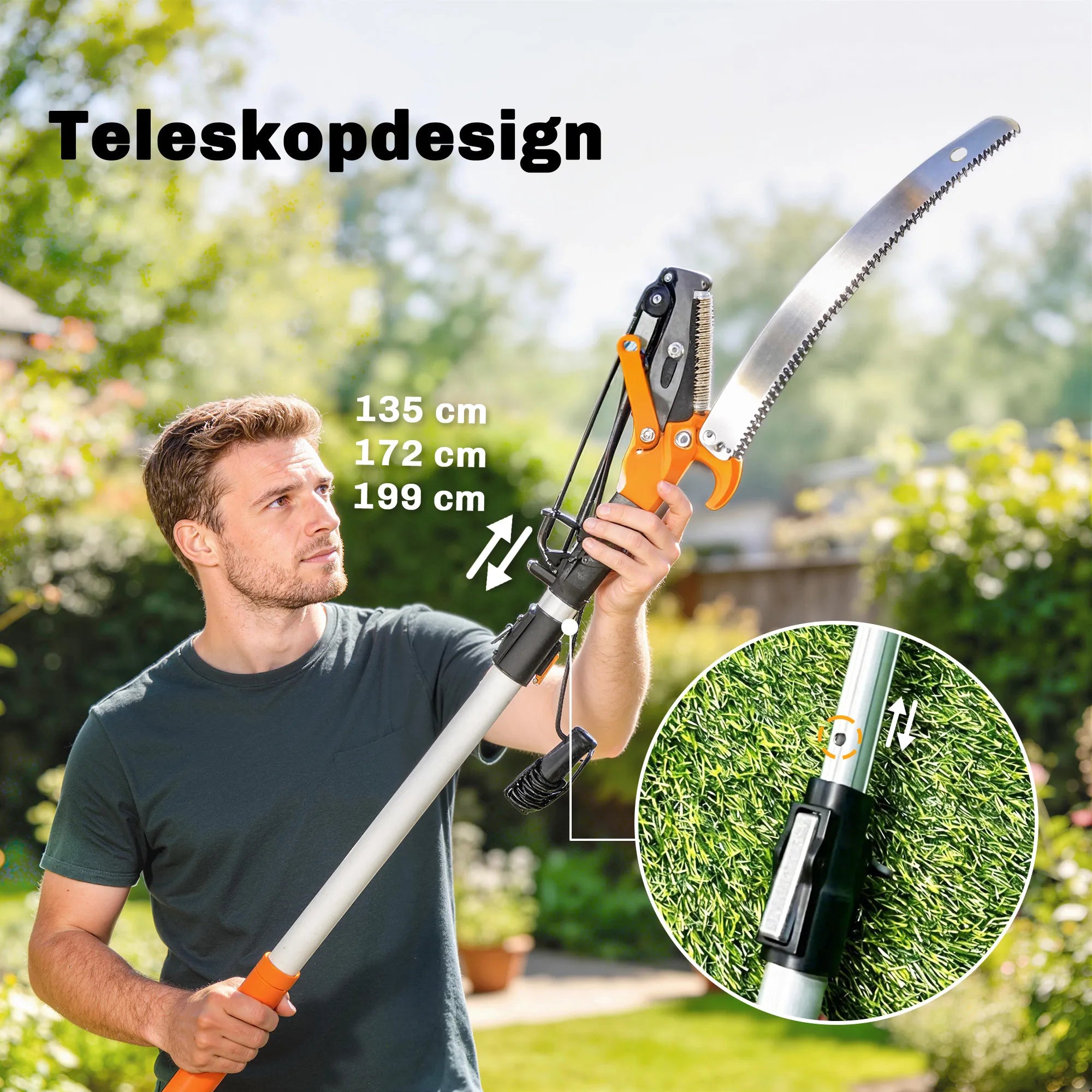 Teleskopinė šakų genėjimo žirklė 135-199 cm su aliuminio kotu oranžinė