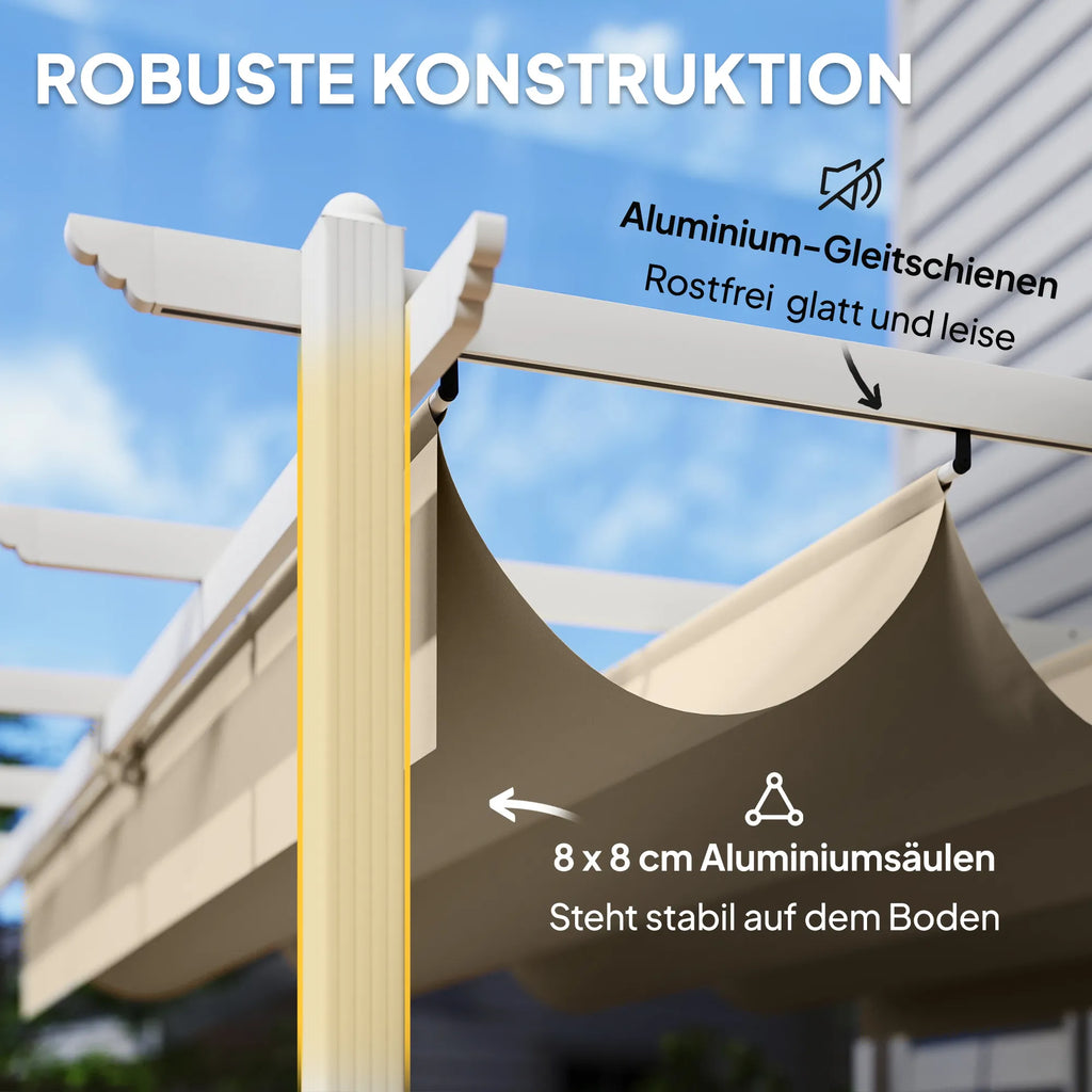 Terasos pergola su slankiojančiu stogu – 3 × 4 m, smėlio spalvos, šviesi