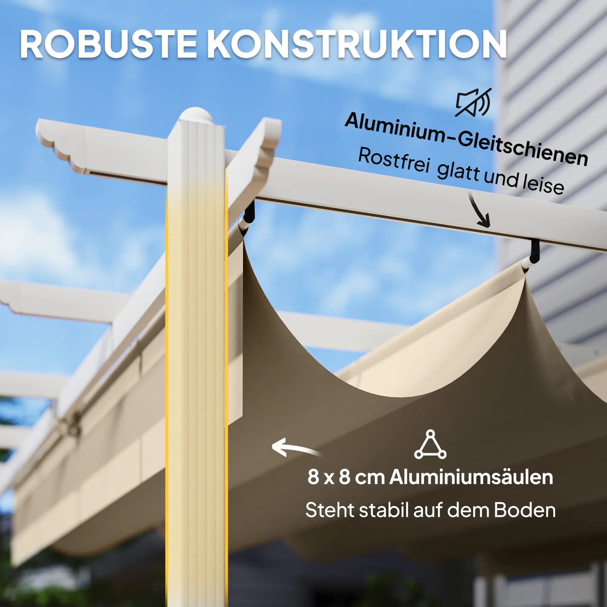 Terasos pergola su slankiojančiu stogu – 3 × 4 m, smėlio spalvos, šviesi