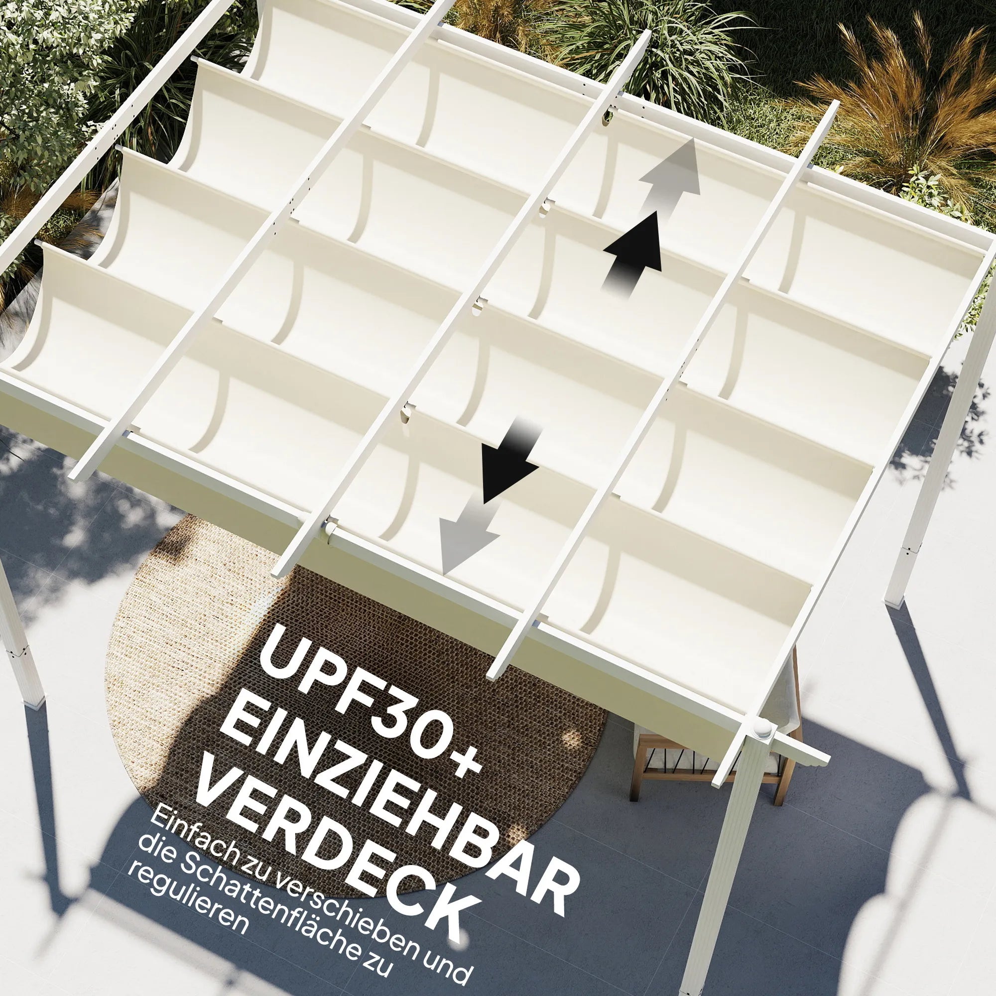 Terasos pergola su slankiojančiu stogu – 3 × 4 m, smėlio spalvos, šviesi