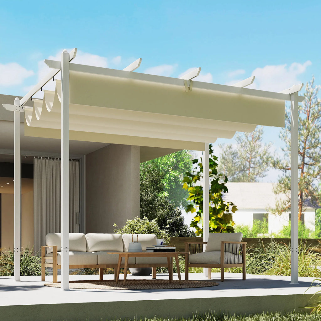 Terasos pergola su slankiojančiu stogu – 3 × 4 m, smėlio spalvos, šviesi
